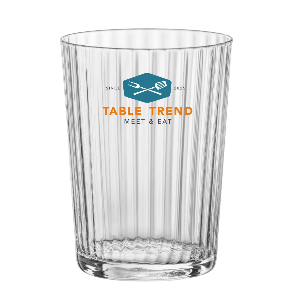 Tumbler glass 50 cl printed with multicoloured TableTrend logo on the front view.