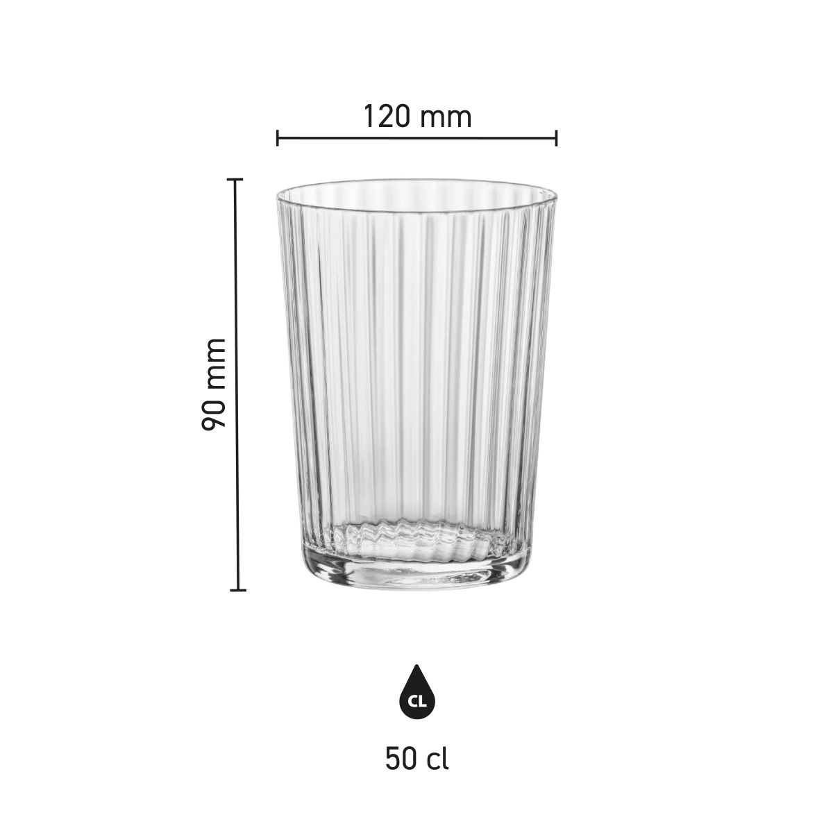 Infographic shows the product dimensions of the Exclusiva Tumbler glass 50 cl.