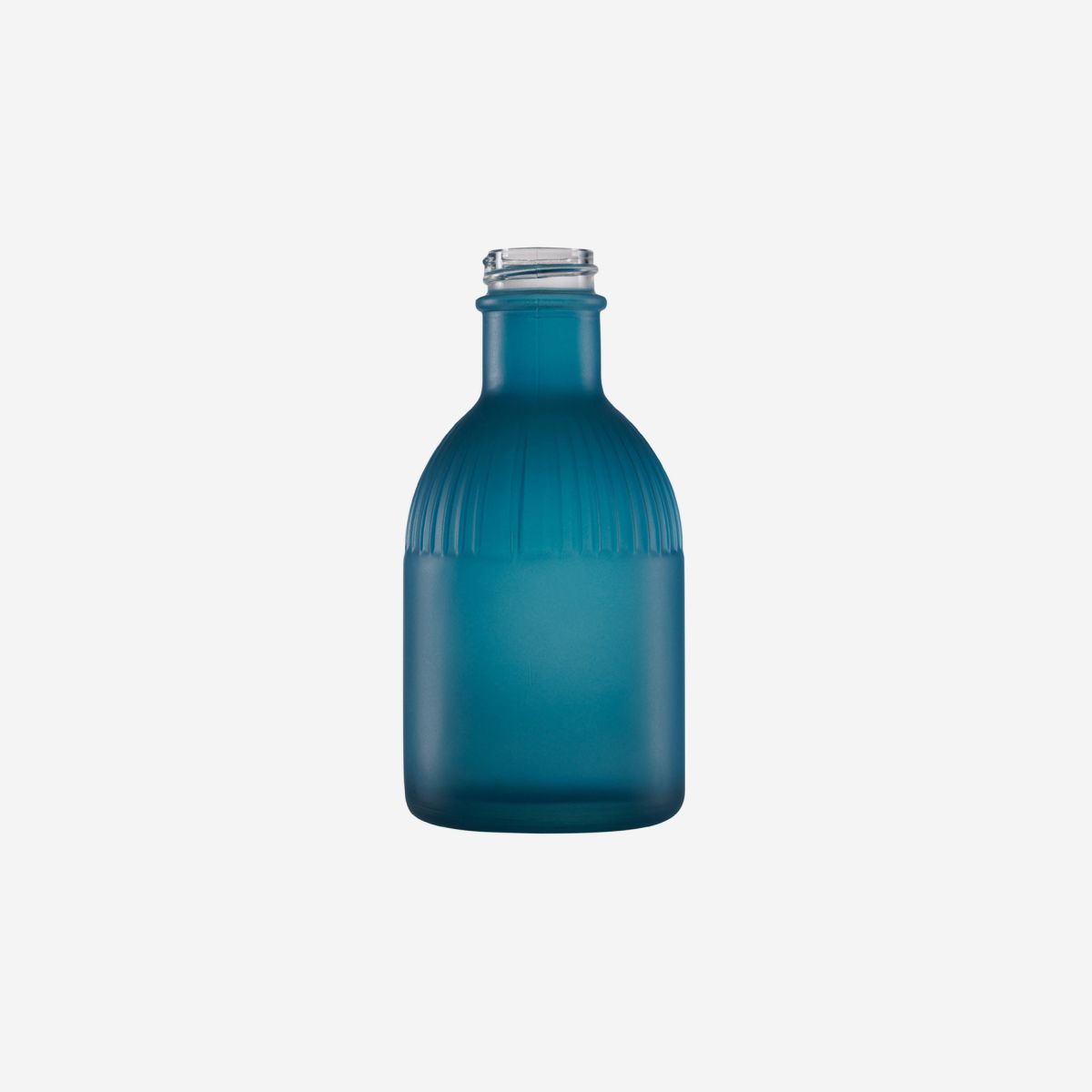 Fles Florence 0,2 liter van helder blauw glas in vooraanzicht, met slanke vorm, smalle hals en transparante uitstraling.