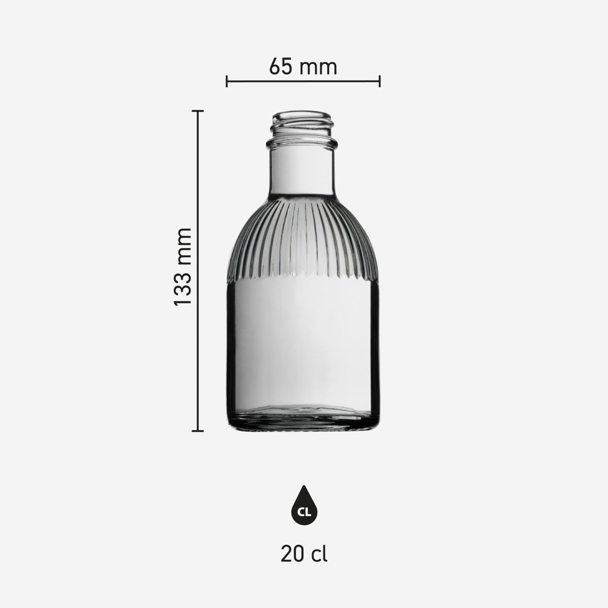Productafmetingen van Fles Florence 0,2 liter glas weergegeven in infographic met maatvoering en schaal.