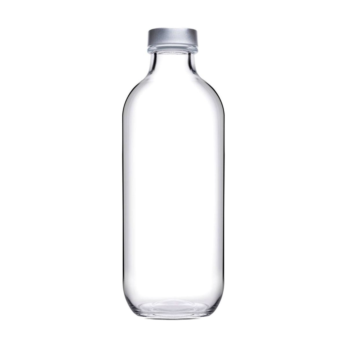 Glazen Fles Iconic 0,54 liter met zilveren dop, getoond van voorzijde Glazen Fles Iconic 0,54 liter met zilveren dop, getoond van voorzijde