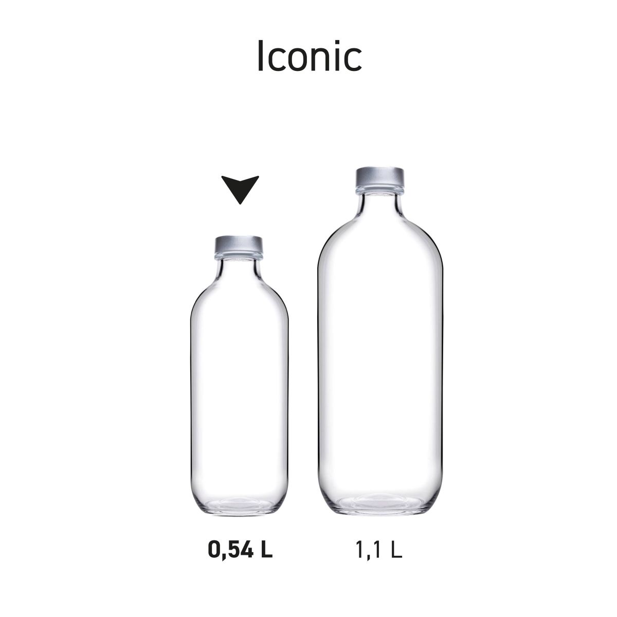 Serie Flessen Iconic 0,54 en 1,1 liter gepresenteerd in verschillende maten.