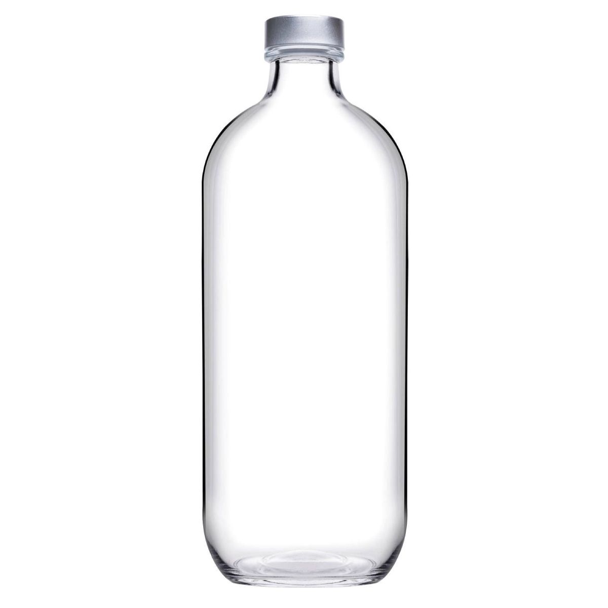 Straight front view of Iconic 1.1-litre bottle in clear glass with cylindrical shape and metal cap. Straight front view of Iconic 1.1-litre bottle in clear glass with cylindrical shape and metal cap.