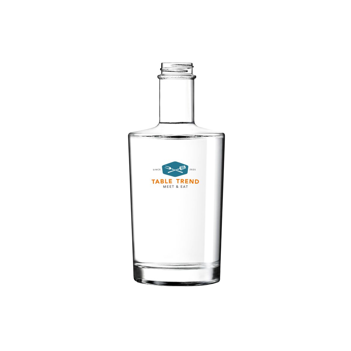 Neos 0.35-litre glass bottle with multi-coloured TableTrend logo on the front view.