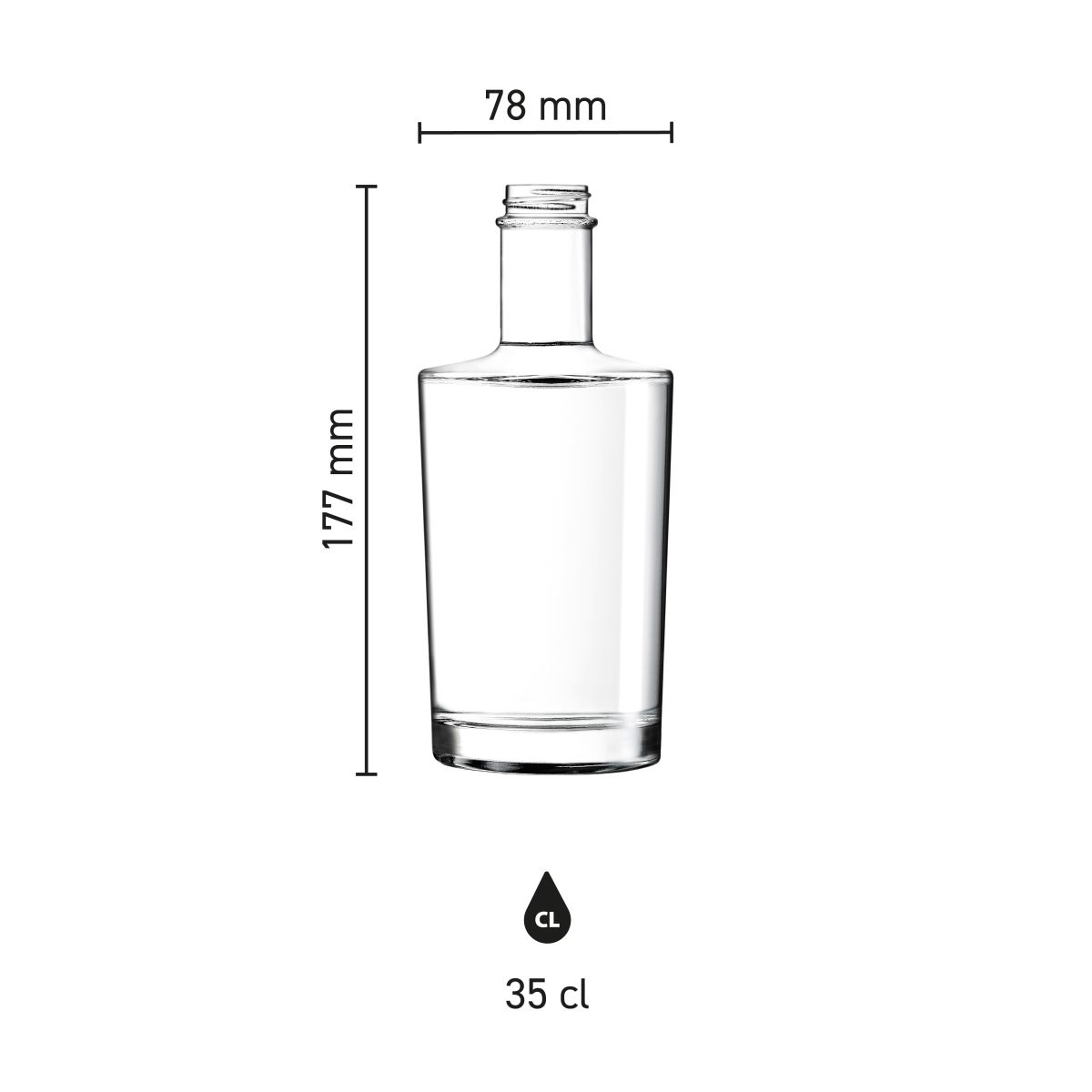 Infographic showing product dimensions of the Bottle Neos 0.35 litre glass.