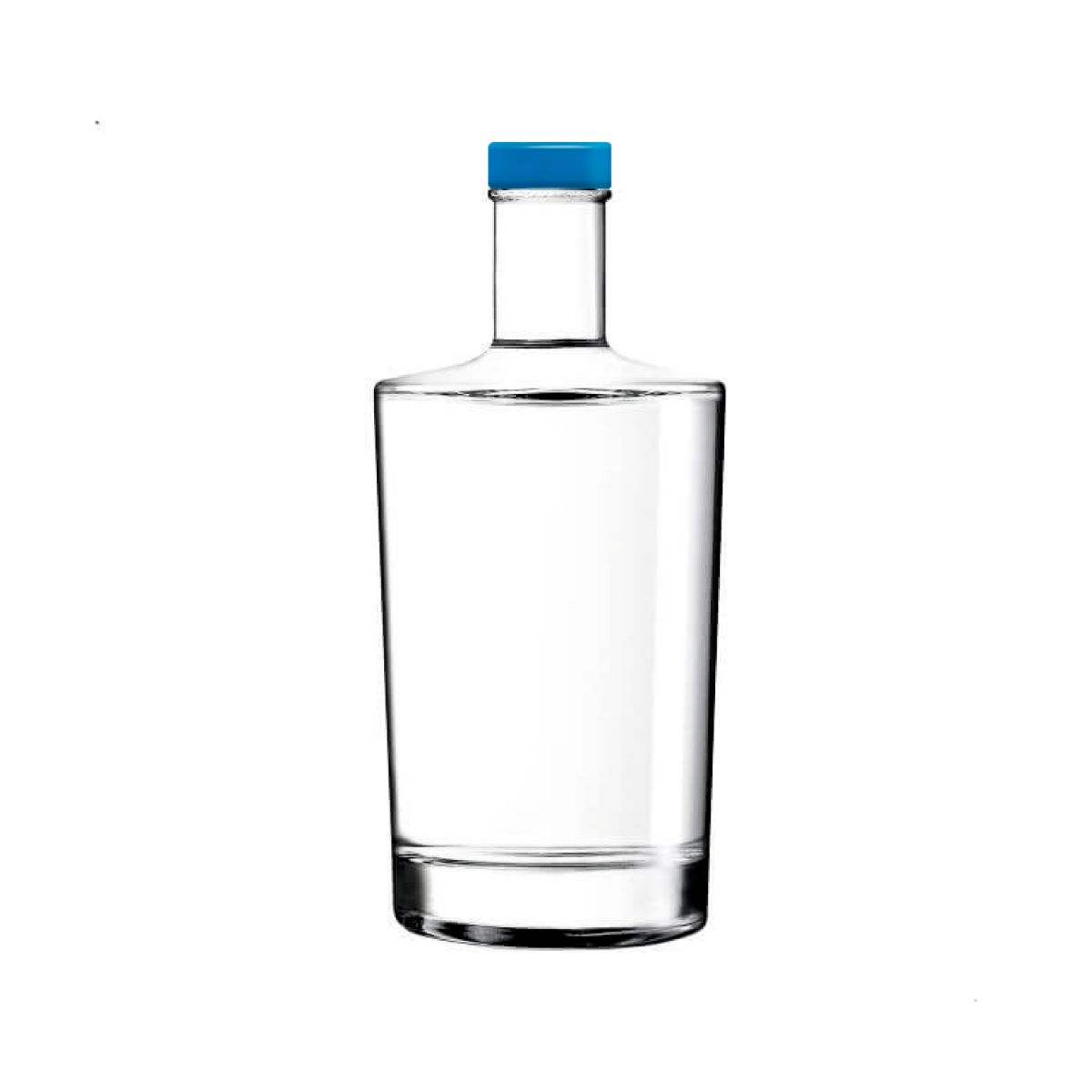Glass Bottle Neos 0.5 litre with blue cap in straight front view, transparent and simply designed.