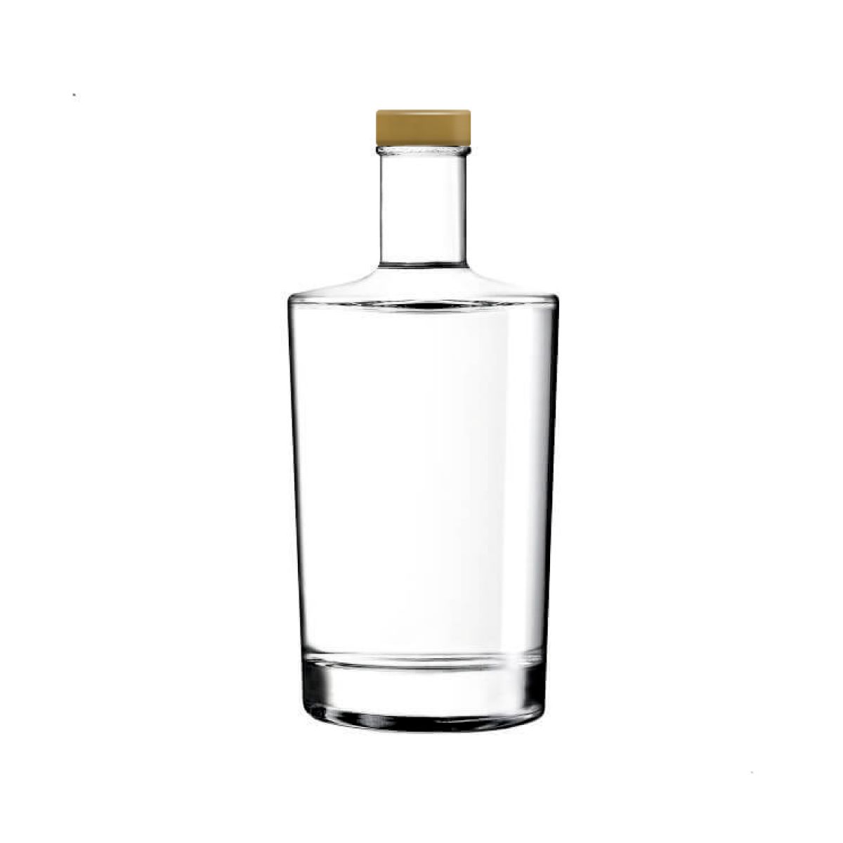 Glass Bottle Neos 0.5 litre with gold cap in straight front view, transparent and simply designed.