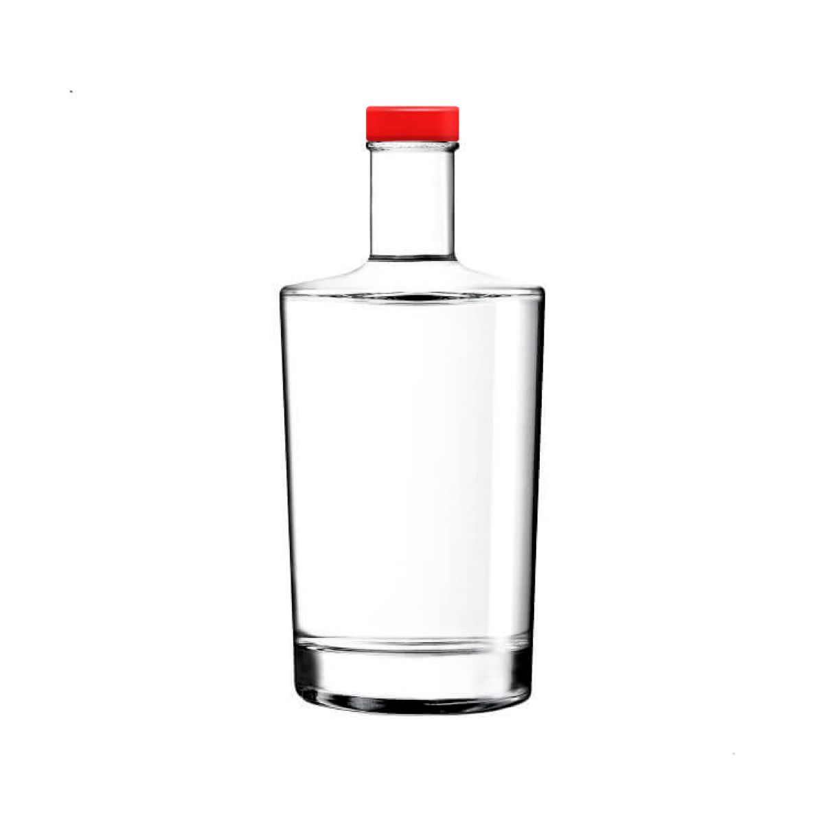 Glass Bottle Neos 0.5 litre with red cap in straight front view, transparent and simply designed.