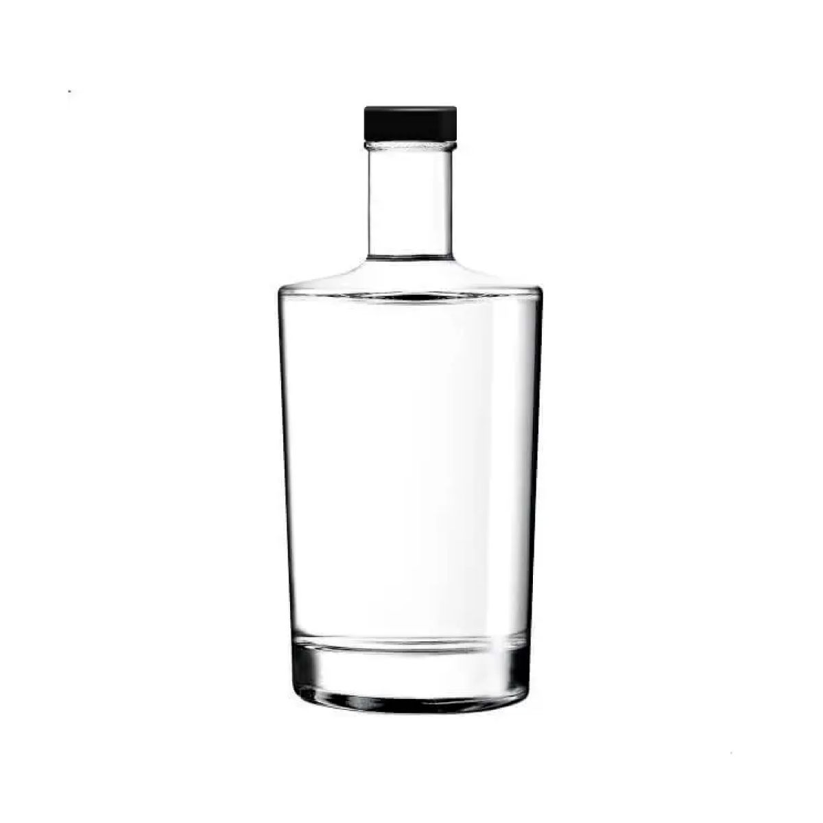 Glass Bottle Neos 0.5 litre with black cap in straight front view, transparent and simply designed. Glass Bottle Neos 0.5 litre with black cap in straight front view, transparent and simply designed.