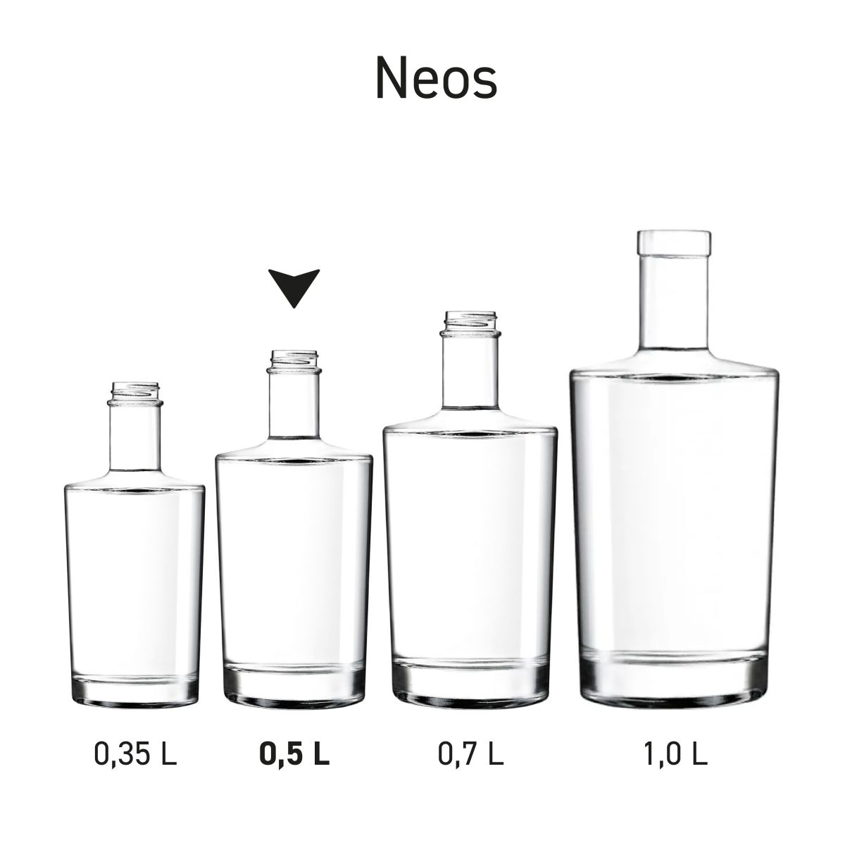 Series of bottles Neos presented in different capacity sizes.