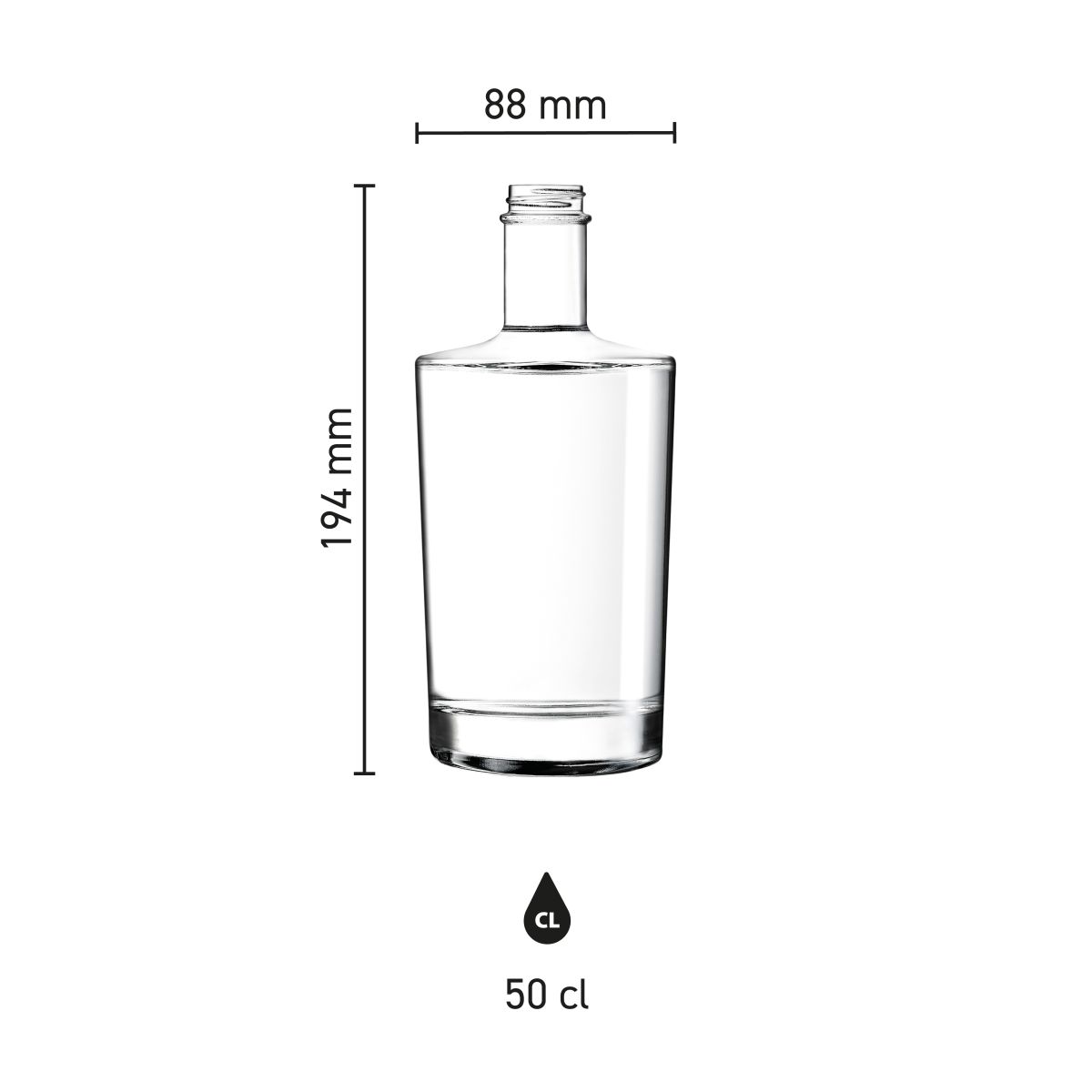 Infographic shows the product dimensions of the glass Bottle Neos 0.5 litre.