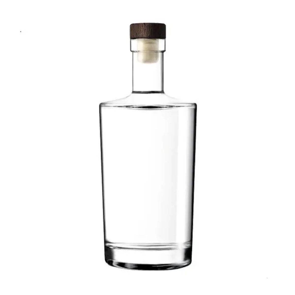 Glazen fles Neos 0,7 liter met donkerhouten kurksluiting in recht vooraanzicht, transparant en cilindervormig.