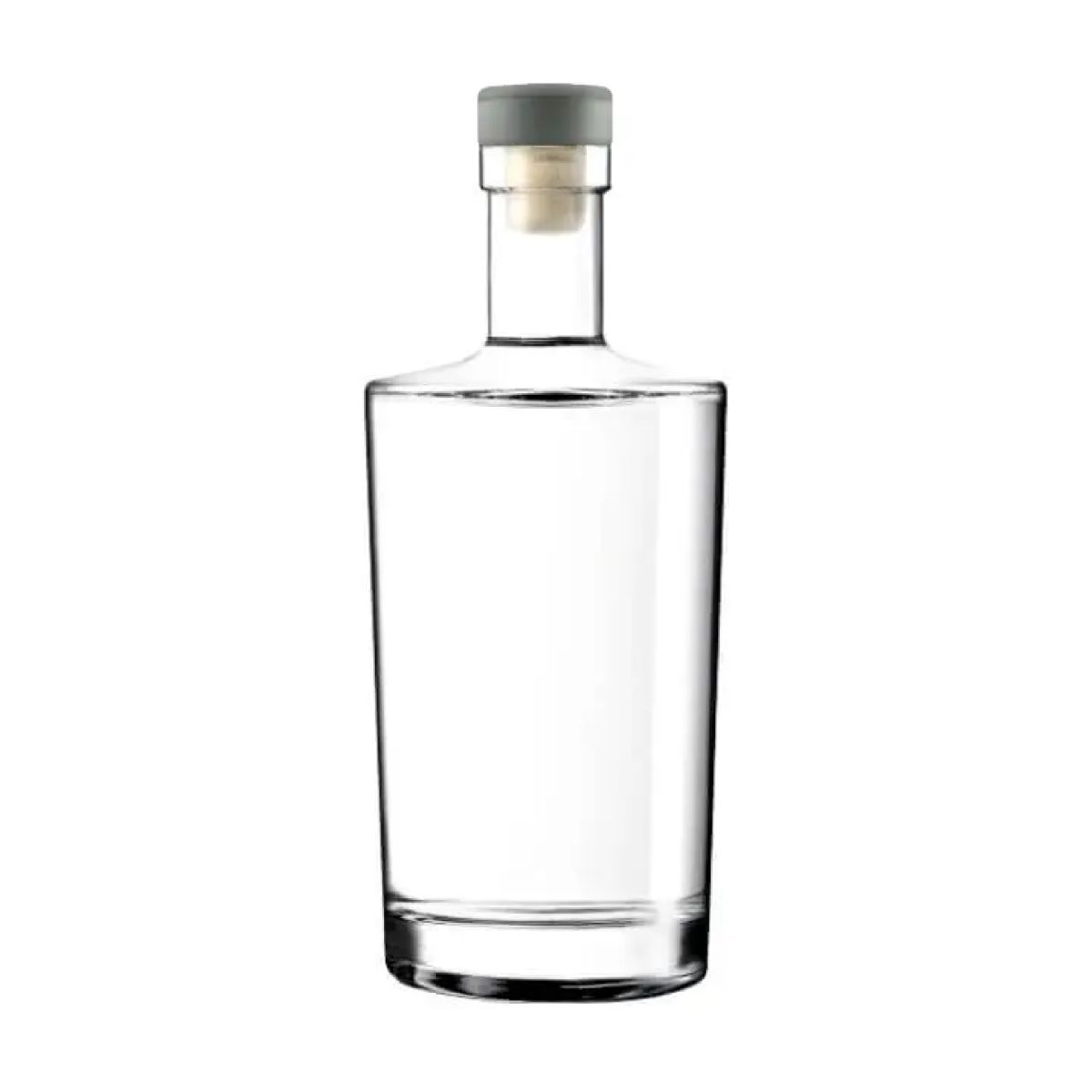 Glazen fles Neos 0,7 liter met zilveren kurksluiting in recht vooraanzicht, transparant en cilindervormig.