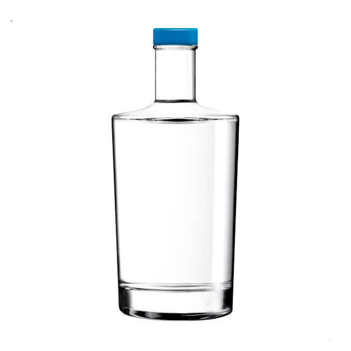 Fles Neos 0,7 liter in glas met rechte vorm en lange hals, weergegeven in vooraanzicht met blauwe dop. Fles Neos 0,7 liter in glas met rechte vorm en lange hals, weergegeven in vooraanzicht met blauwe dop.