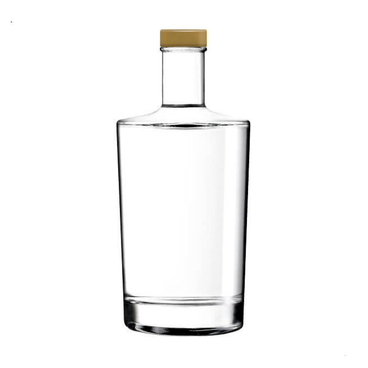 Fles Neos 0,7 liter in glas met rechte vorm en lange hals, weergegeven in vooraanzicht met gouden dop.