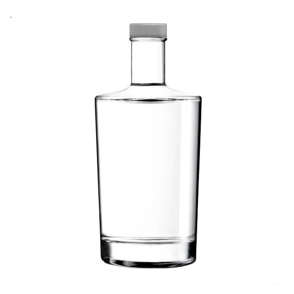 Fles Neos 0,7 liter in glas met rechte vorm en lange hals, weergegeven in vooraanzicht met zilveren dop.