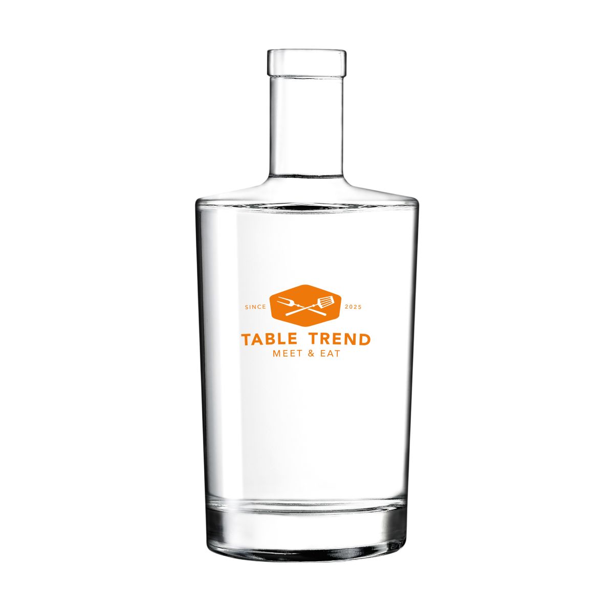 Fles Neos 0,7 liter van glas bedrukt met éénkleurig TableTrend-logo op het vooraanzicht.