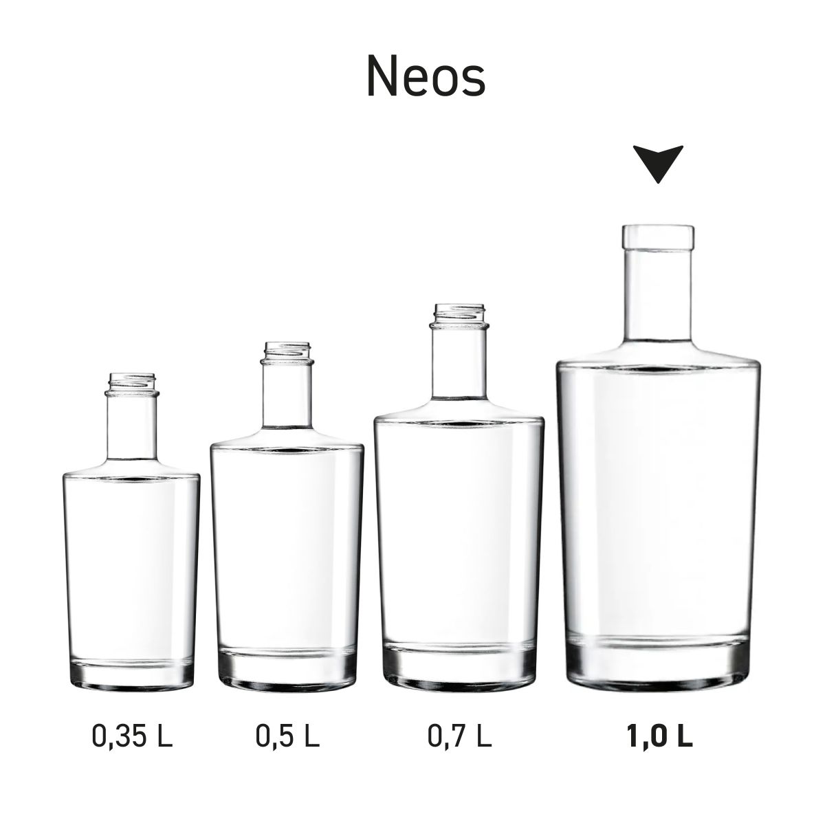 Meerdere Neos flessen van glas, opgesteld als productserie.