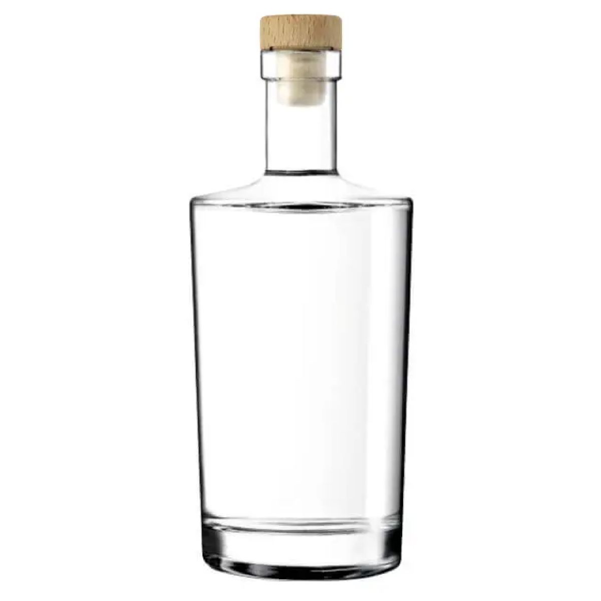 Glazen fles Neos 1,0 liter met houten kurksluiting in recht vooraanzicht, gemaakt van helder glas.