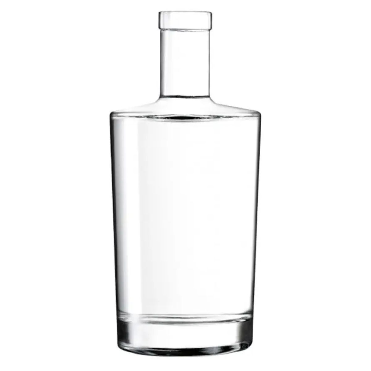 Glazen fles Neos 1,0 liter met kurksluiting in recht vooraanzicht, gemaakt van helder glas. Glazen fles Neos 1,0 liter met kurksluiting in recht vooraanzicht, gemaakt van helder glas.