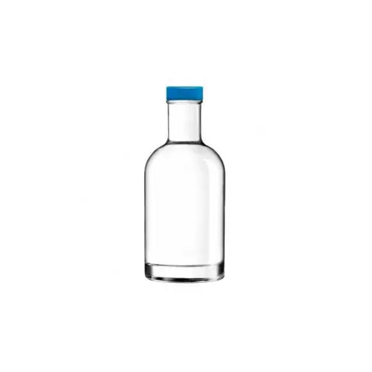 Heldere glazen fles Oslo 0,2 liter met blauwe dop van voren gefotografeerd, zonder bedrukking.