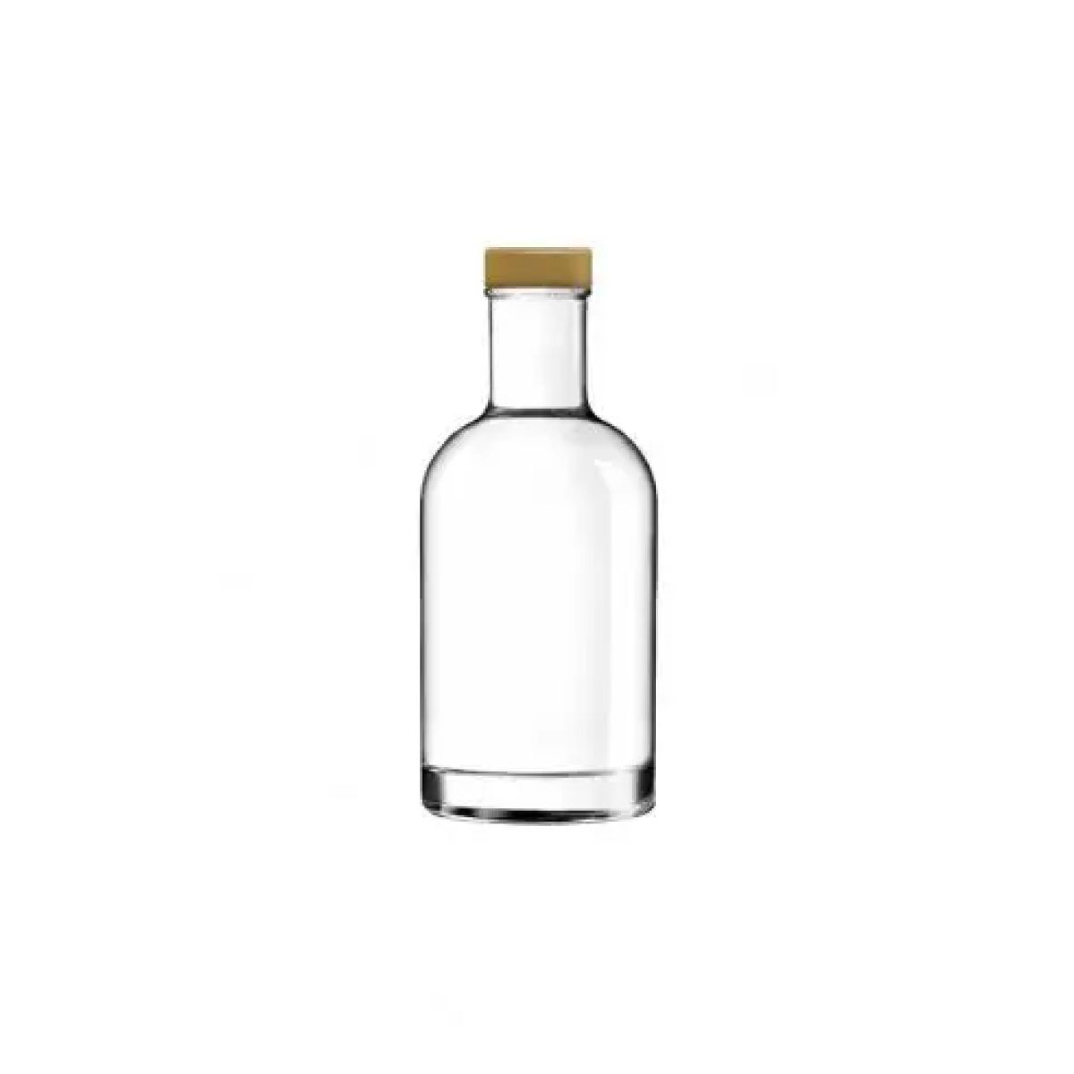 Heldere glazen fles Oslo 0,2 liter met gouden dop van voren gefotografeerd, zonder bedrukking.