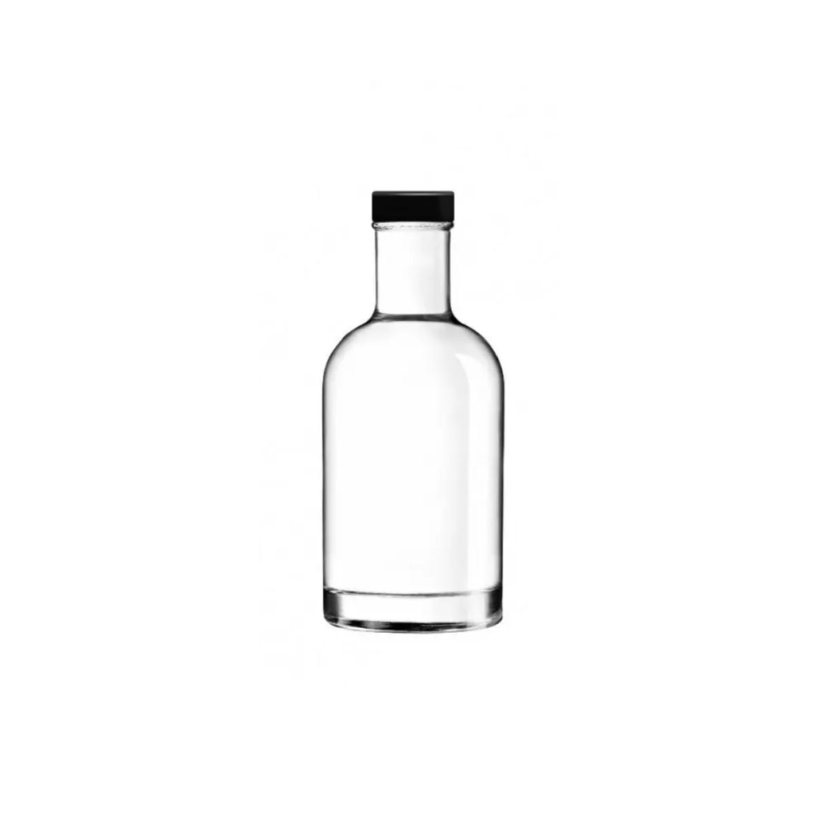 Heldere glazen fles Oslo 0,2 liter met zwarte dop van voren gefotografeerd, zonder bedrukking.