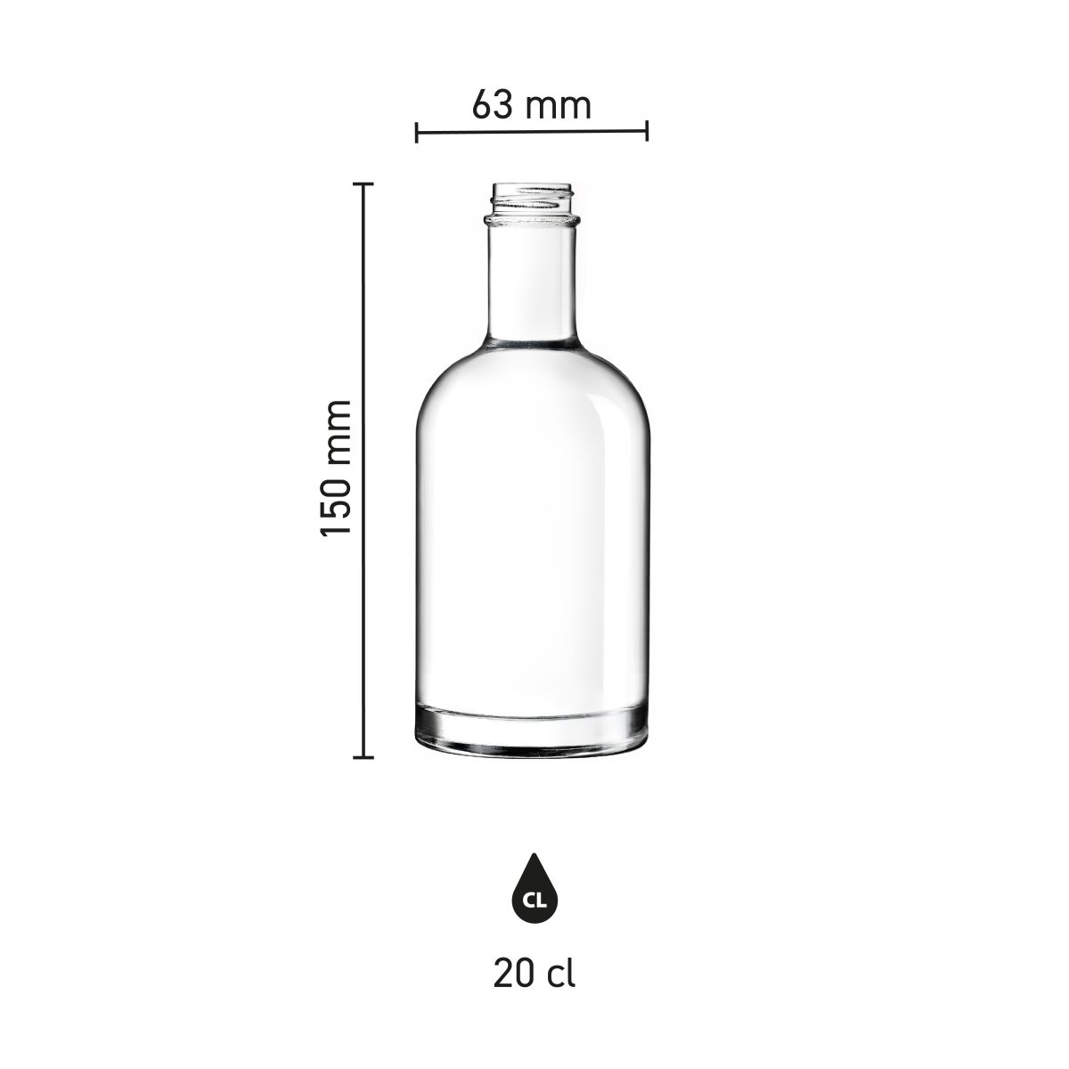 Infographic met afmetingen van glazen fles Oslo 0,2 liter, inclusief hoogte en diameter.