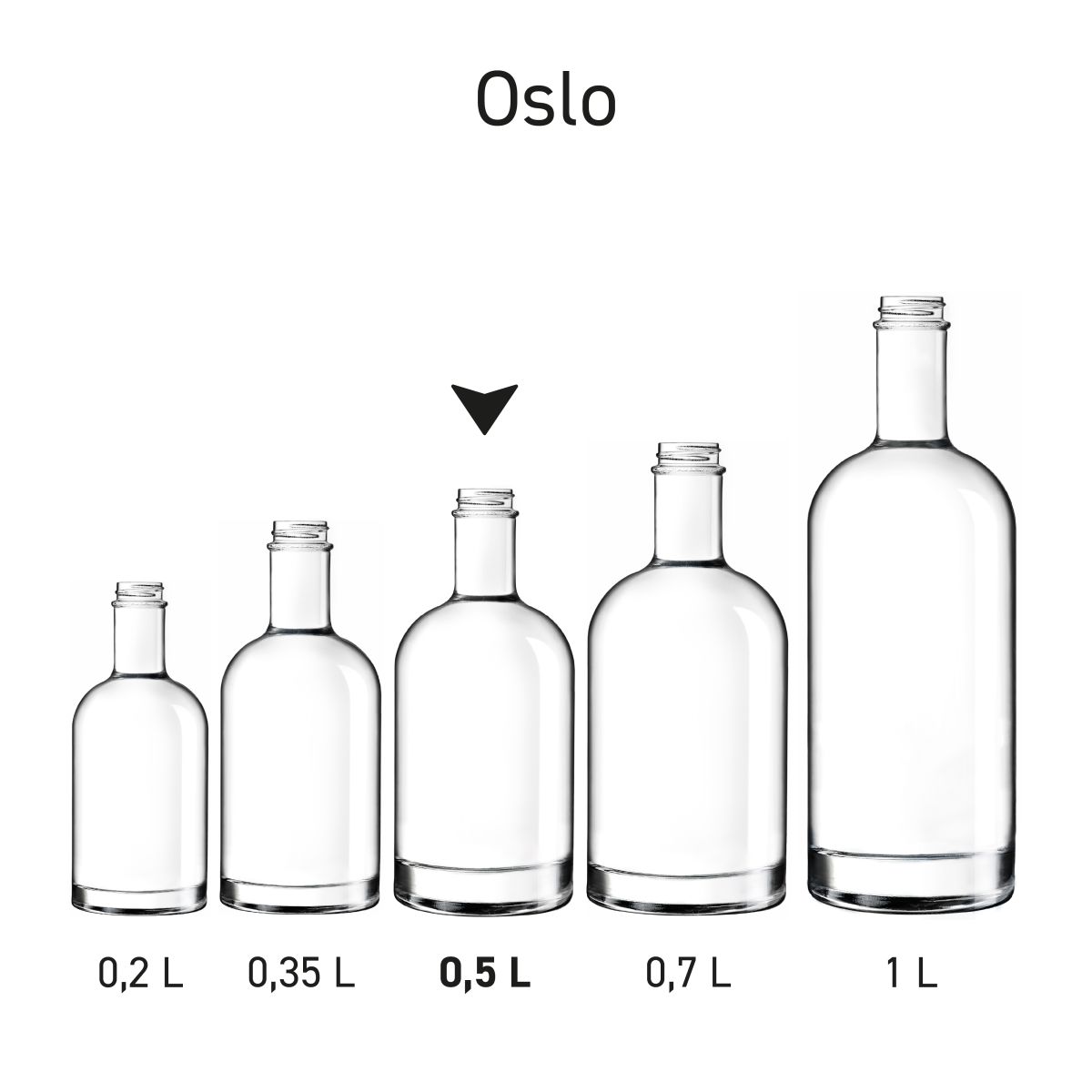 Serie flessen Oslo naast elkaar gepresenteerd in overzicht.