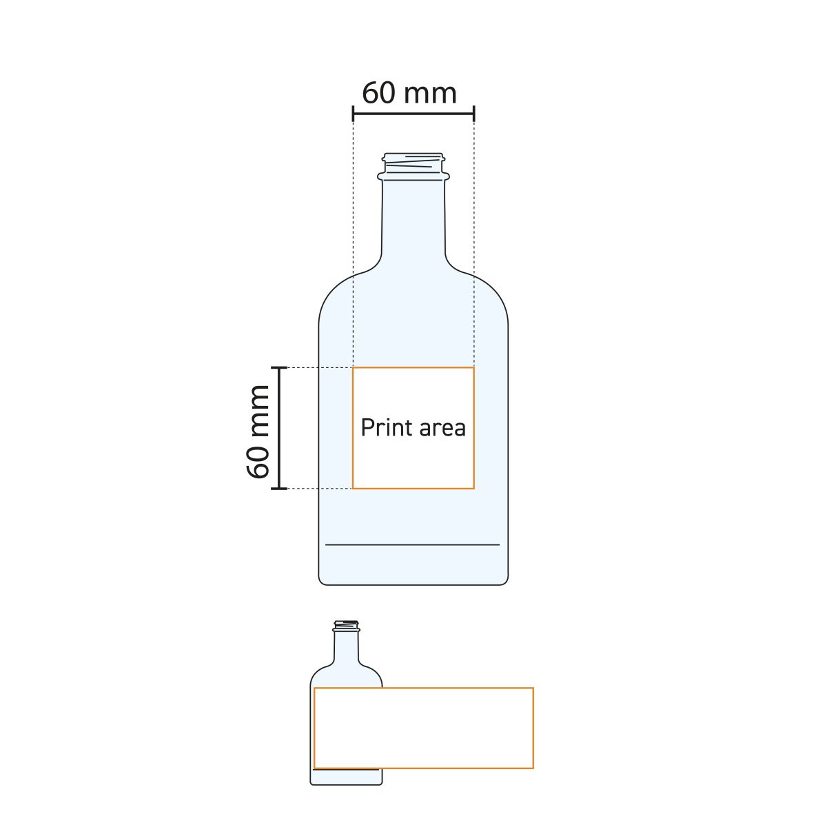 Printing area shown on working drawing of Bottle Oslo 0.7 litre glass.