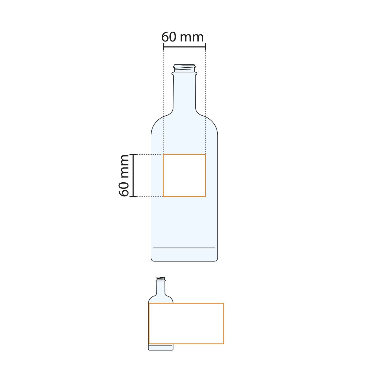 Technical working drawing shows printing area of Bottle Oslo 1.0 litres for printing.