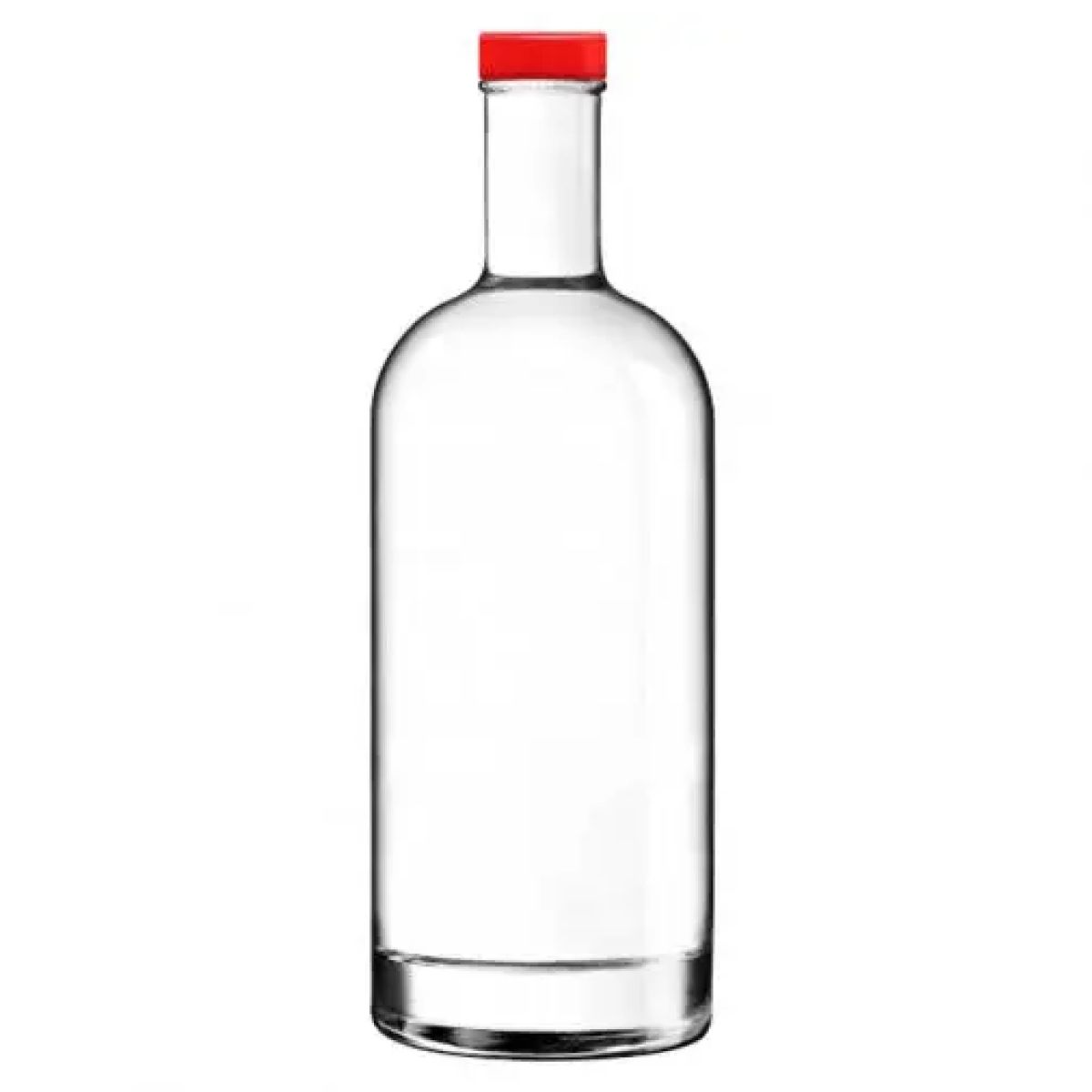 Fles Oslo 1,0 liter van helder glas, recht van voren gefotografeerd zonder opdruk met rode dop. Fles Oslo 1,0 liter van helder glas, recht van voren gefotografeerd zonder opdruk met rode dop.