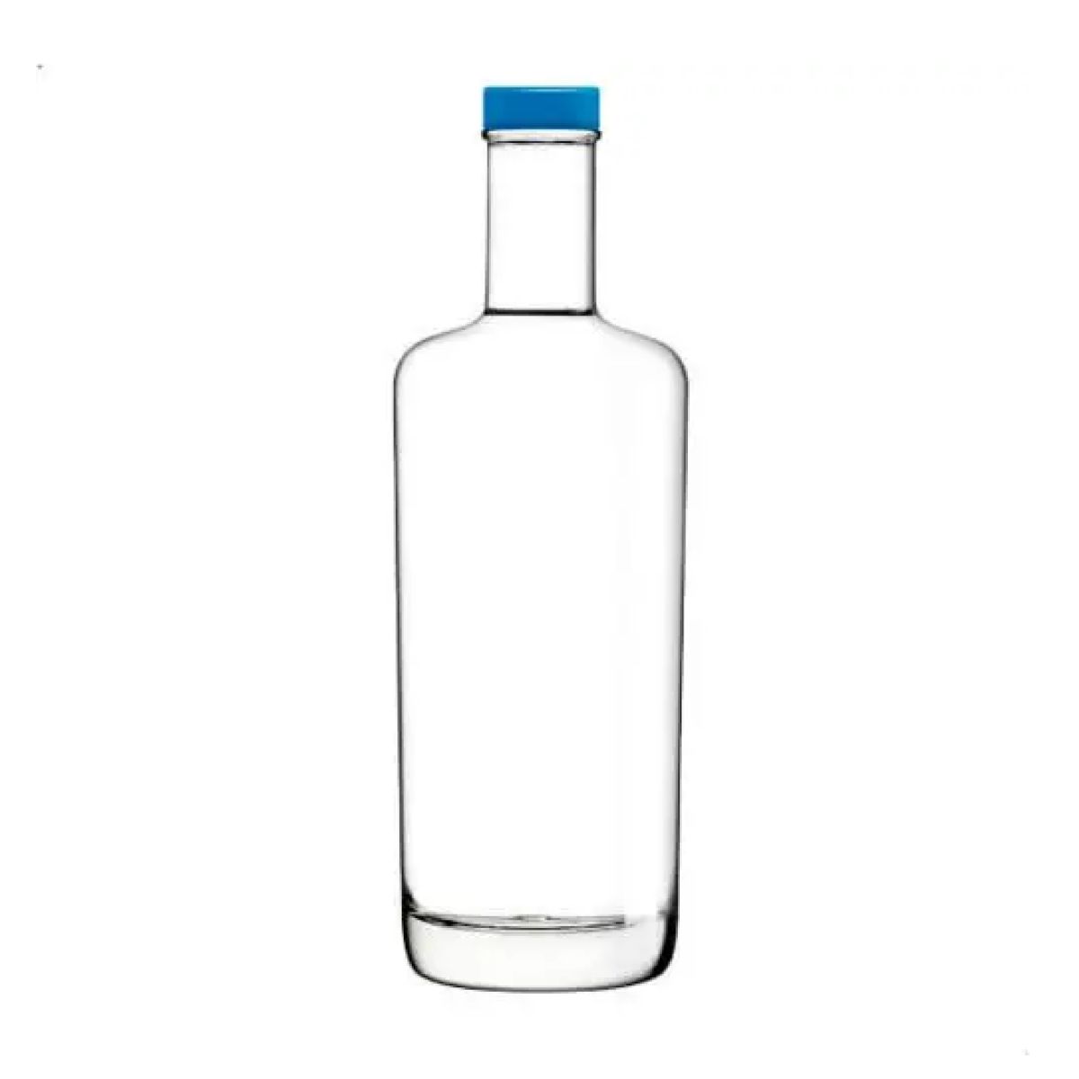 Voorzijde van glazen fles Oxygen 0,7 liter met blauwe dop, rechtopstaand met lange, smalle hals.
