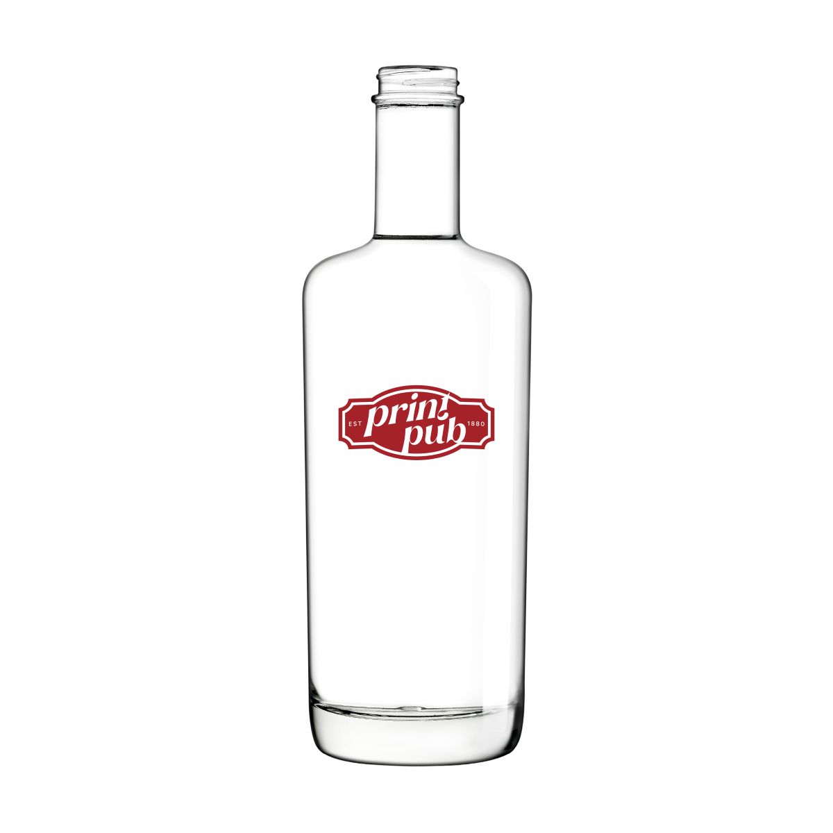 Logo van PrintPub in één kleur gedrukt op de voorkant van glazen fles Oxygen 0,7 liter.