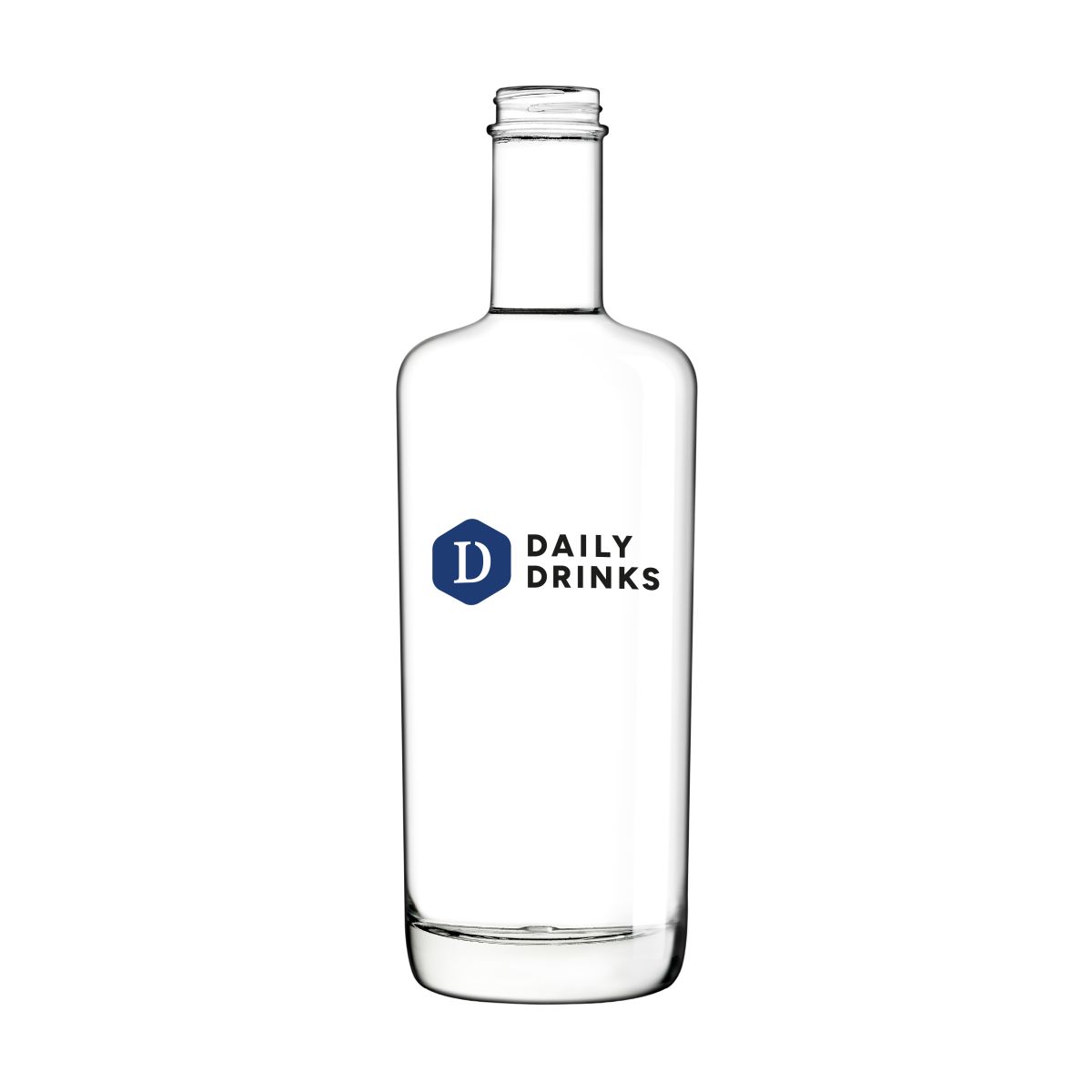 Glazen fles van 0,7 liter met meerkleurig bedrukt DailyDrinks-logo op het vooraanzicht.