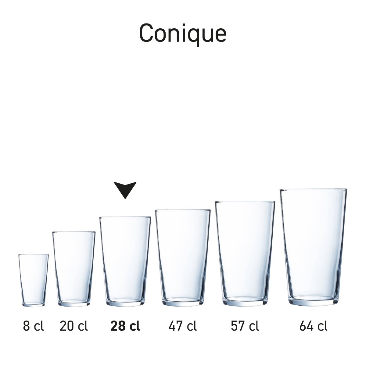 Series overview of Conique glasses with similar shape and different contents.