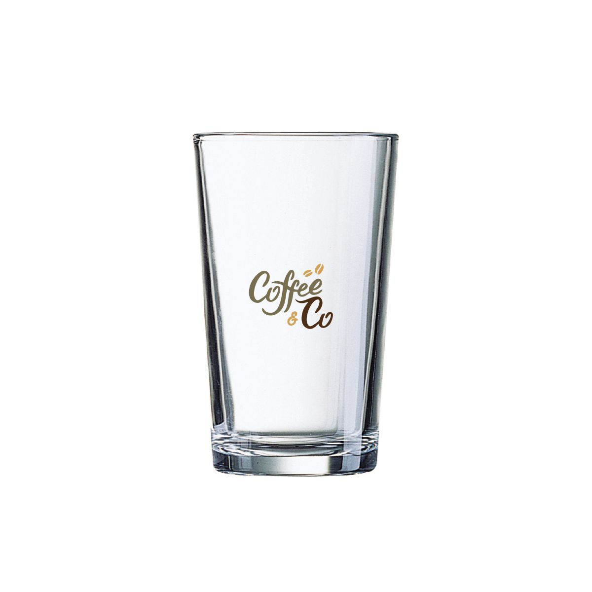 Glass Conique 8 cl with printed CoffeeCo logo in multiple colours on the front.