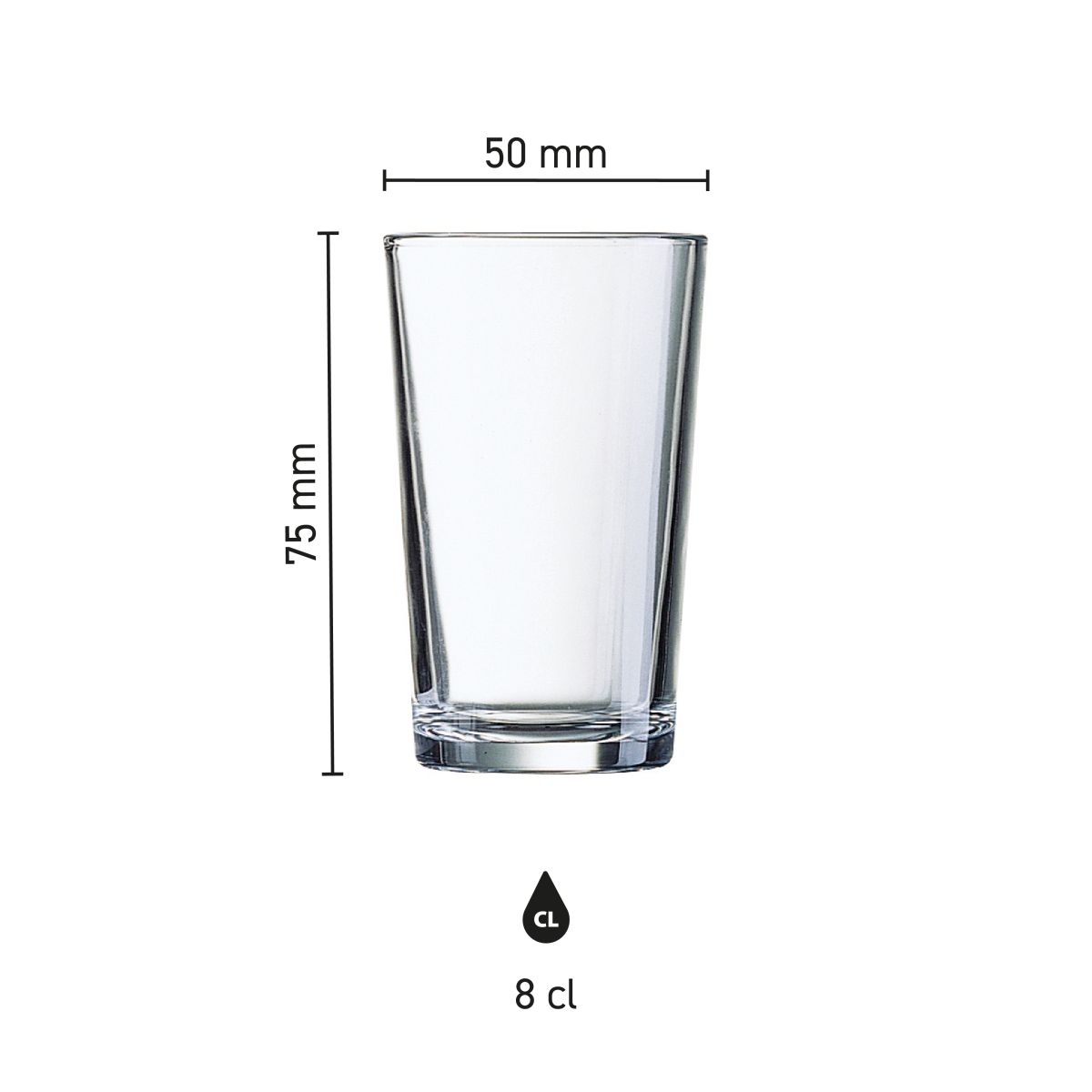 Infographic shows height, diameter and capacity of the glass Conique 8 cl in detail.
