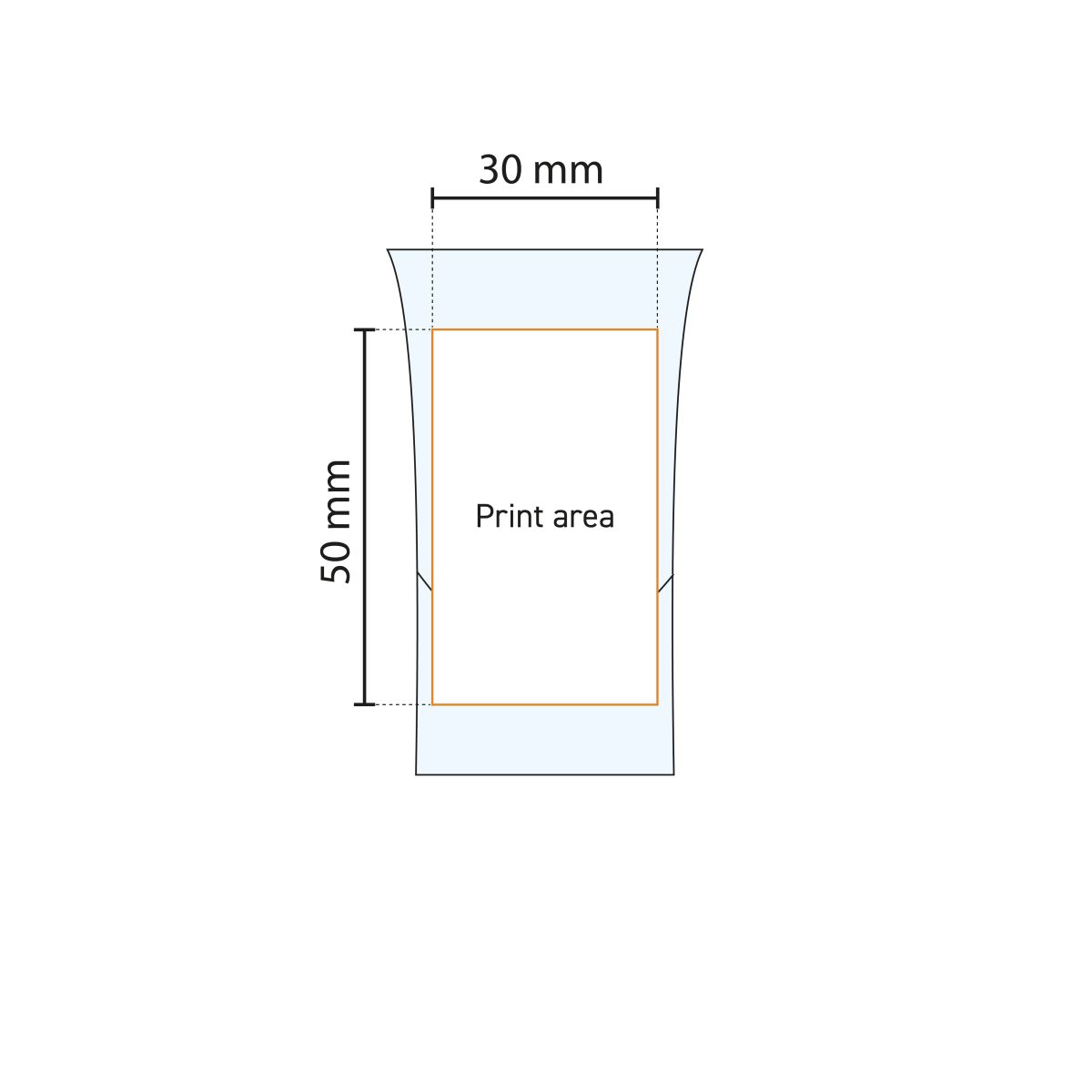 Illustration of printing area on HotShot glass 3.4 cl. for positioning of print.