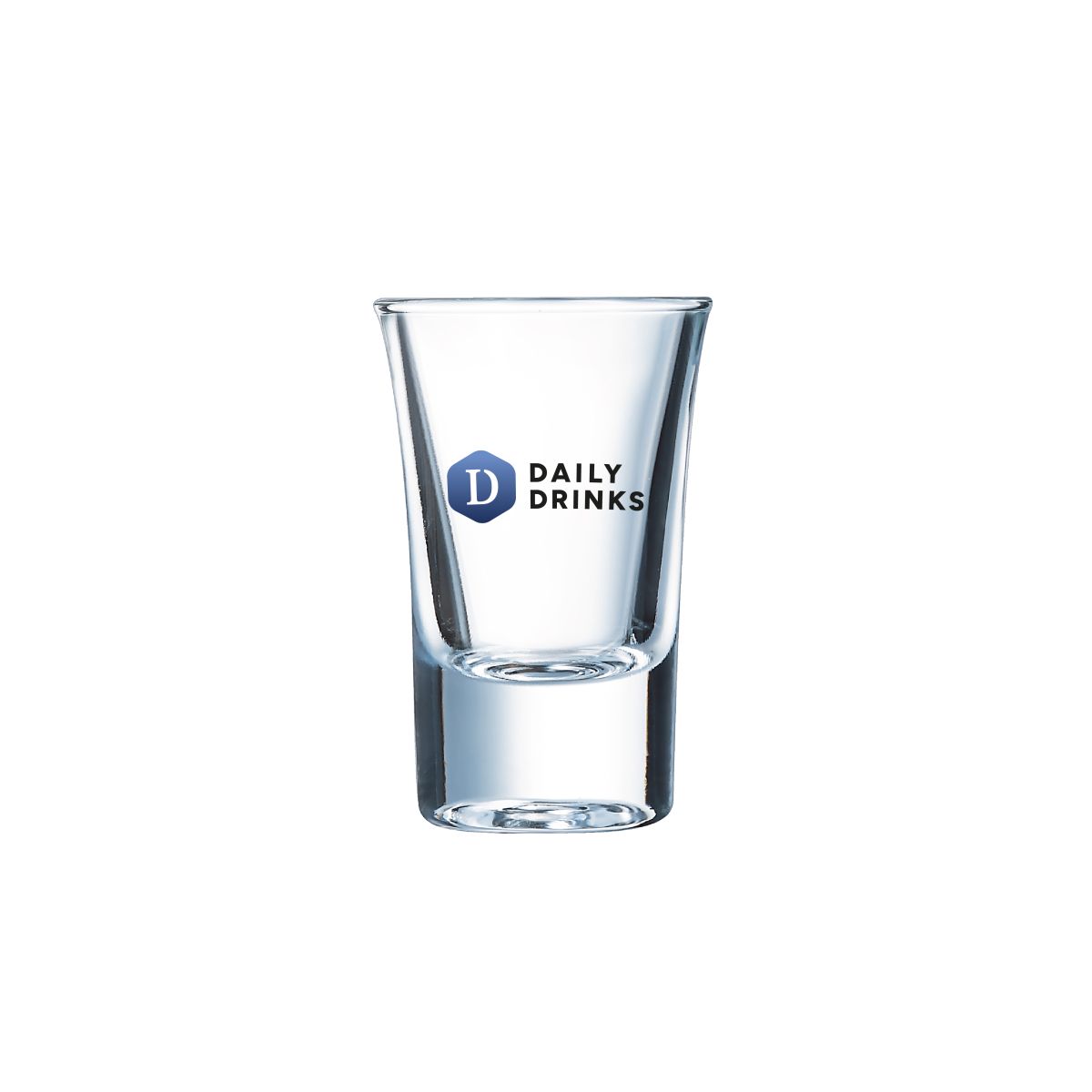 Front of HotShot glass 3.4 cl. with full-colour DailyDrinks logo printed on the glass.