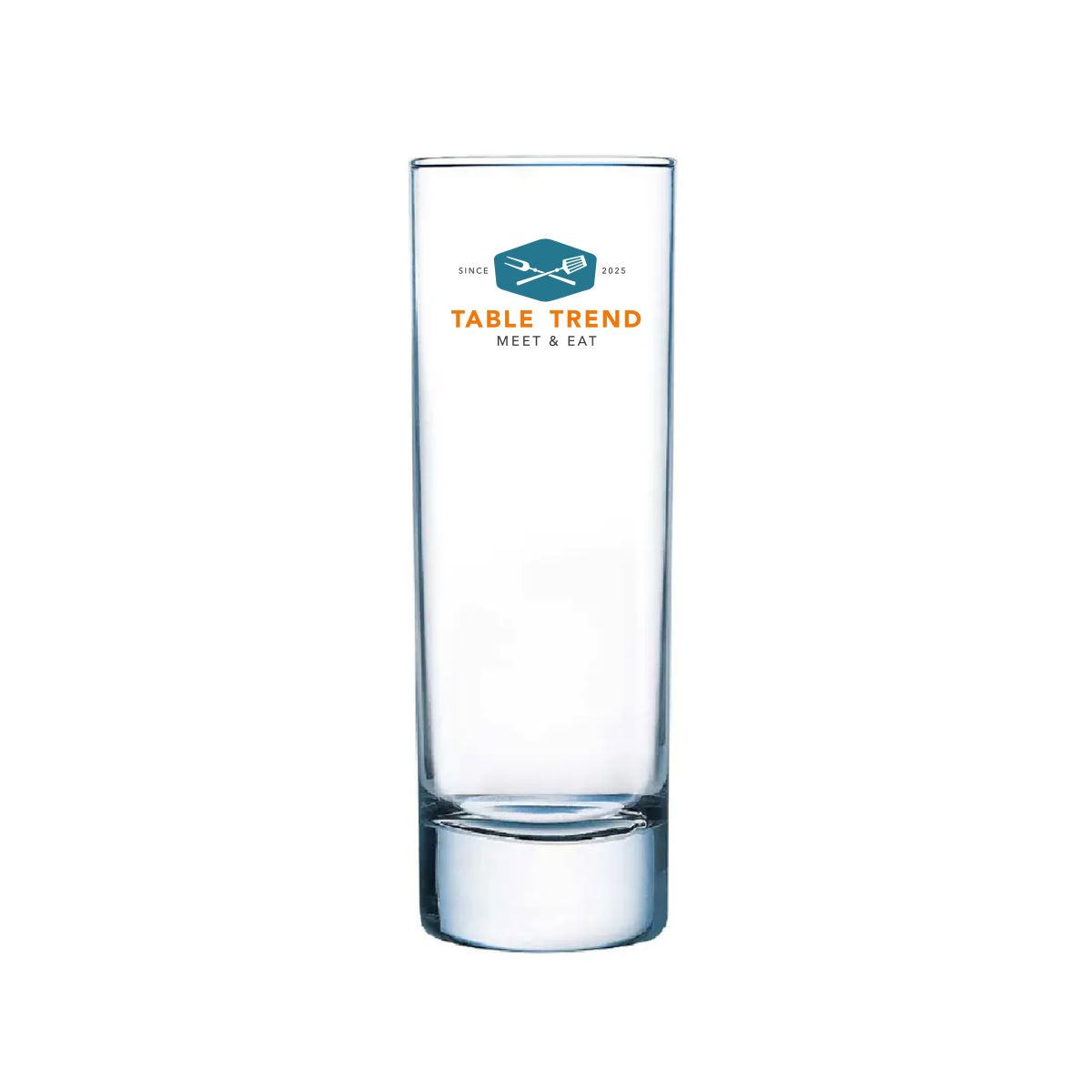 Long drink glass 22 cl made of glass with TableTrend logo in multiple colours on the front view.