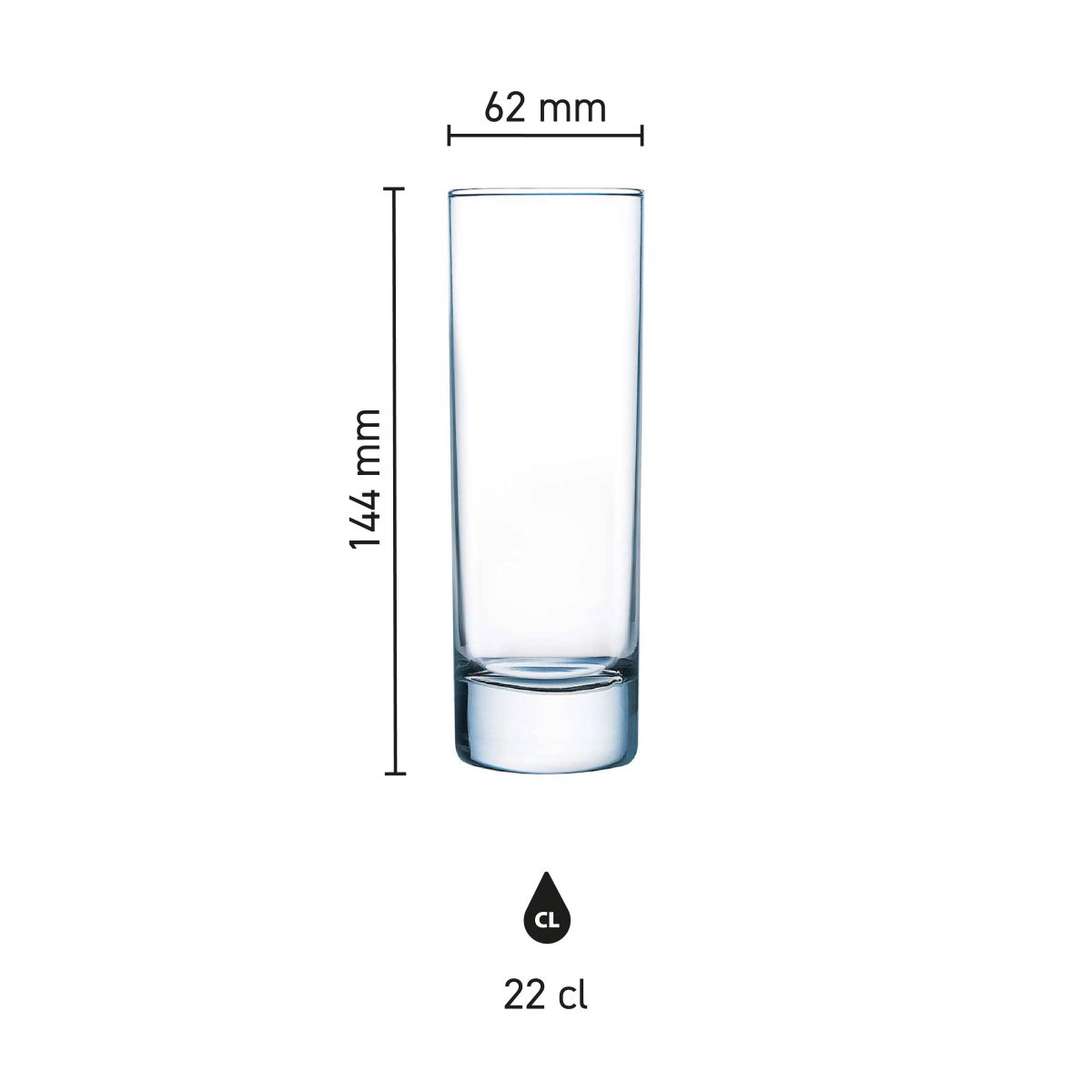 Infographic shows product dimensions of Islande long drink glass 22 cl.