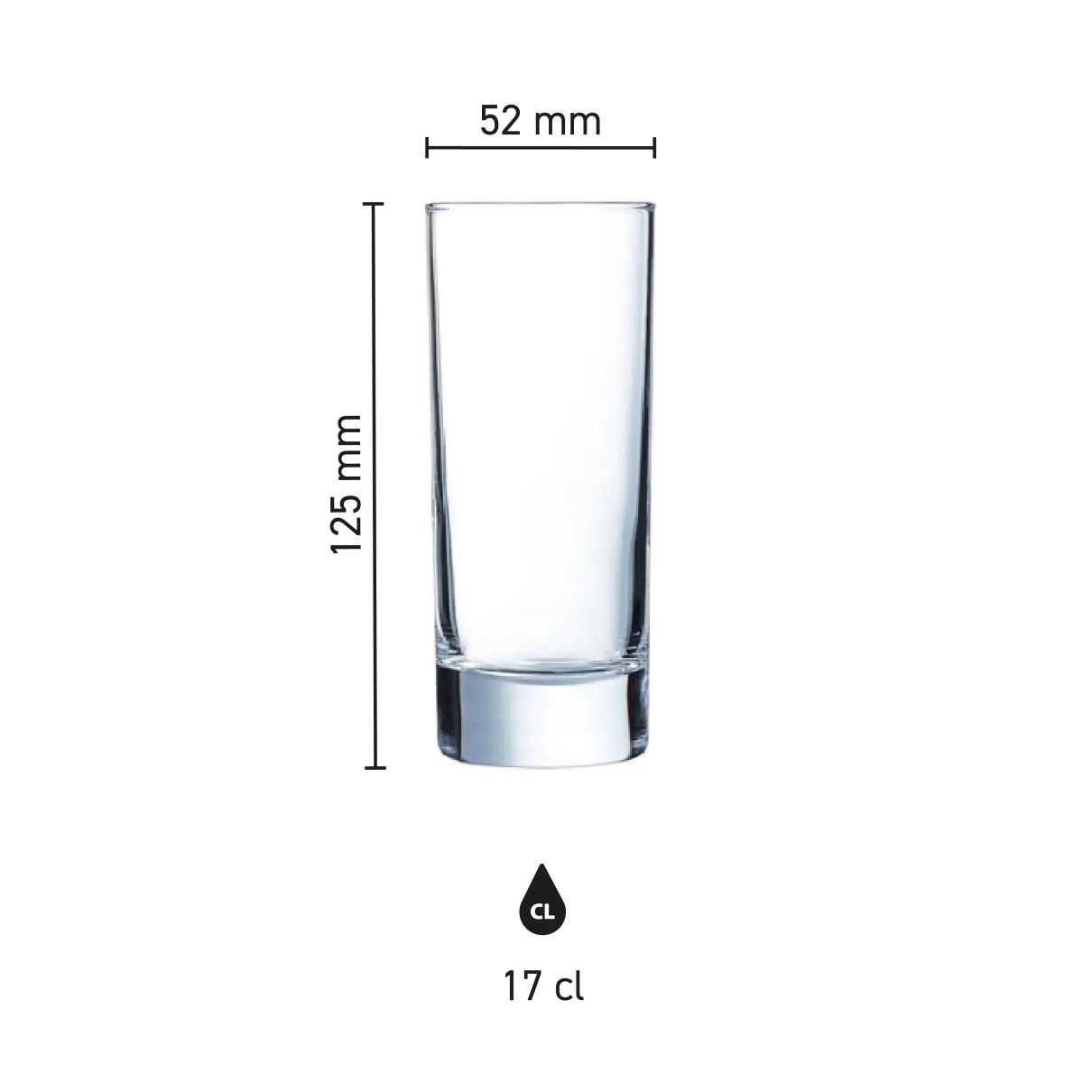 Infographic showing dimensions of Islande long drink glass 17 cl, including height and diameter.