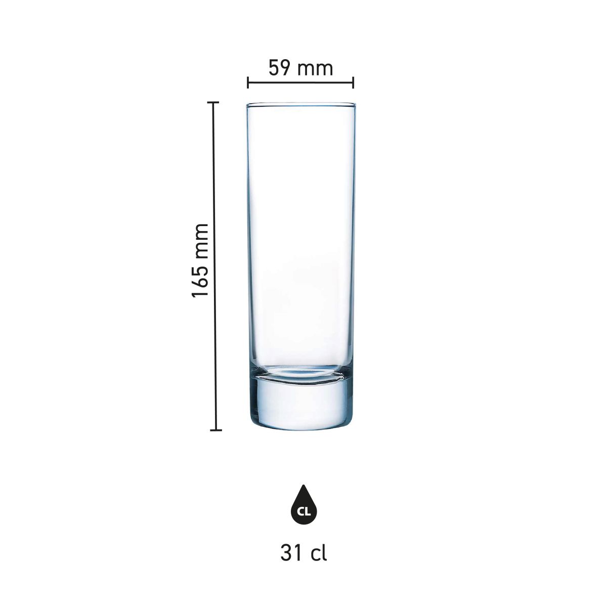 Infographic shows product dimensions of Islande long drink glass 31 cl. with height and diameter.