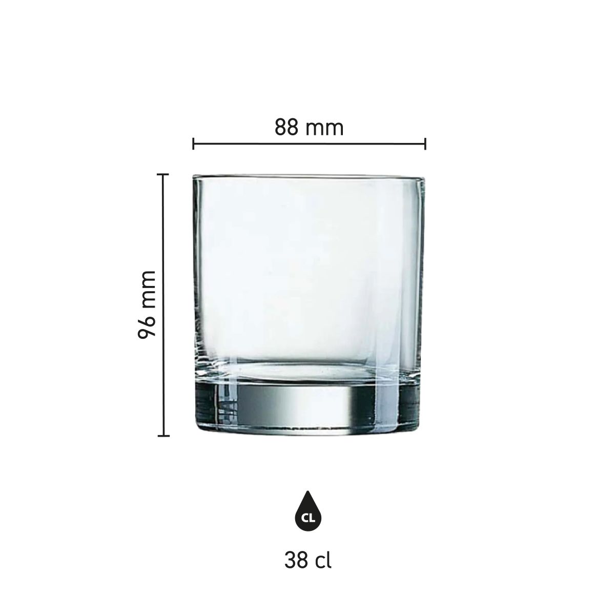 Infographic shows height, diameter and capacity of Islande Tumbler glass 38 cl.