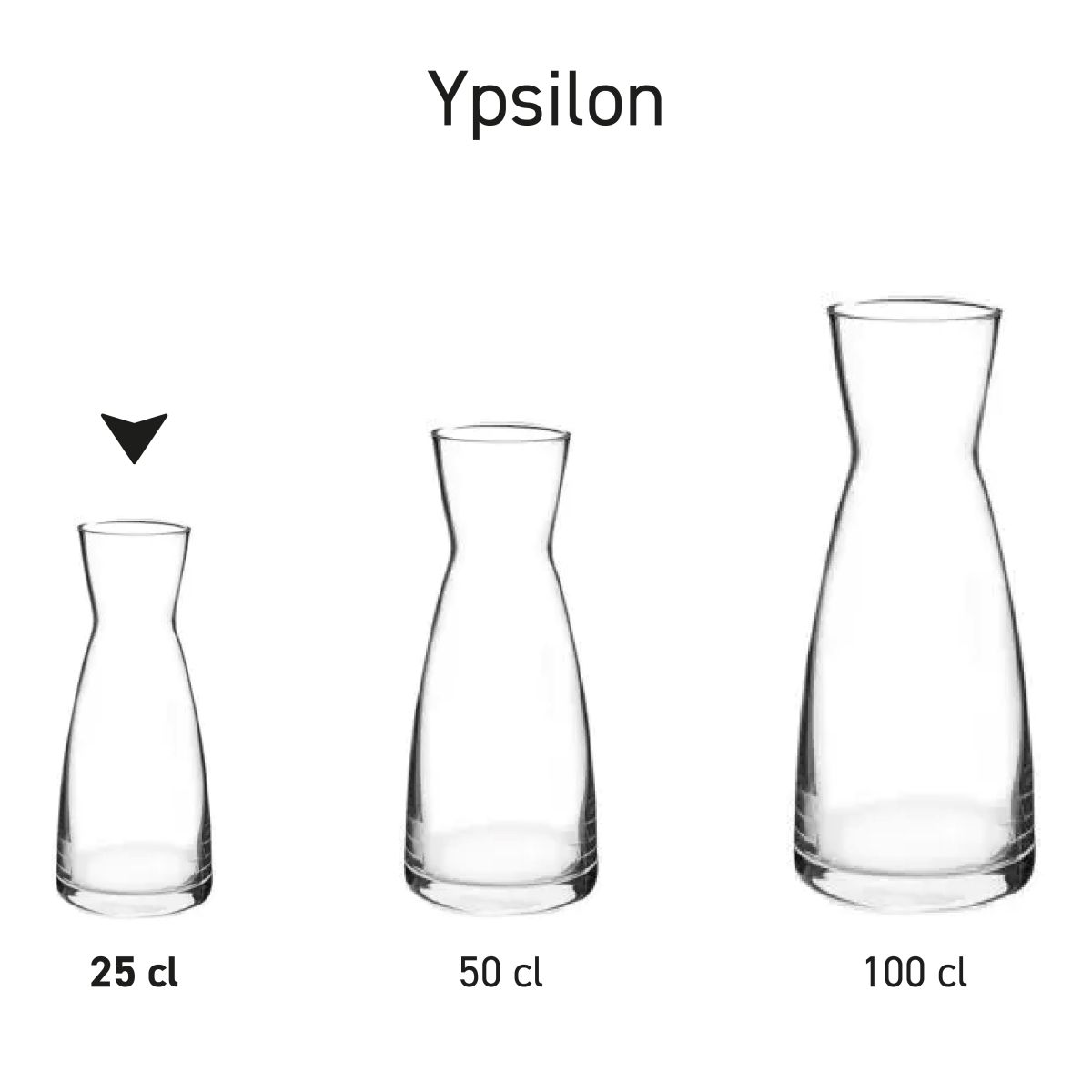 Series of Ypsilon decanters in glass presented side by side as a uniform set.