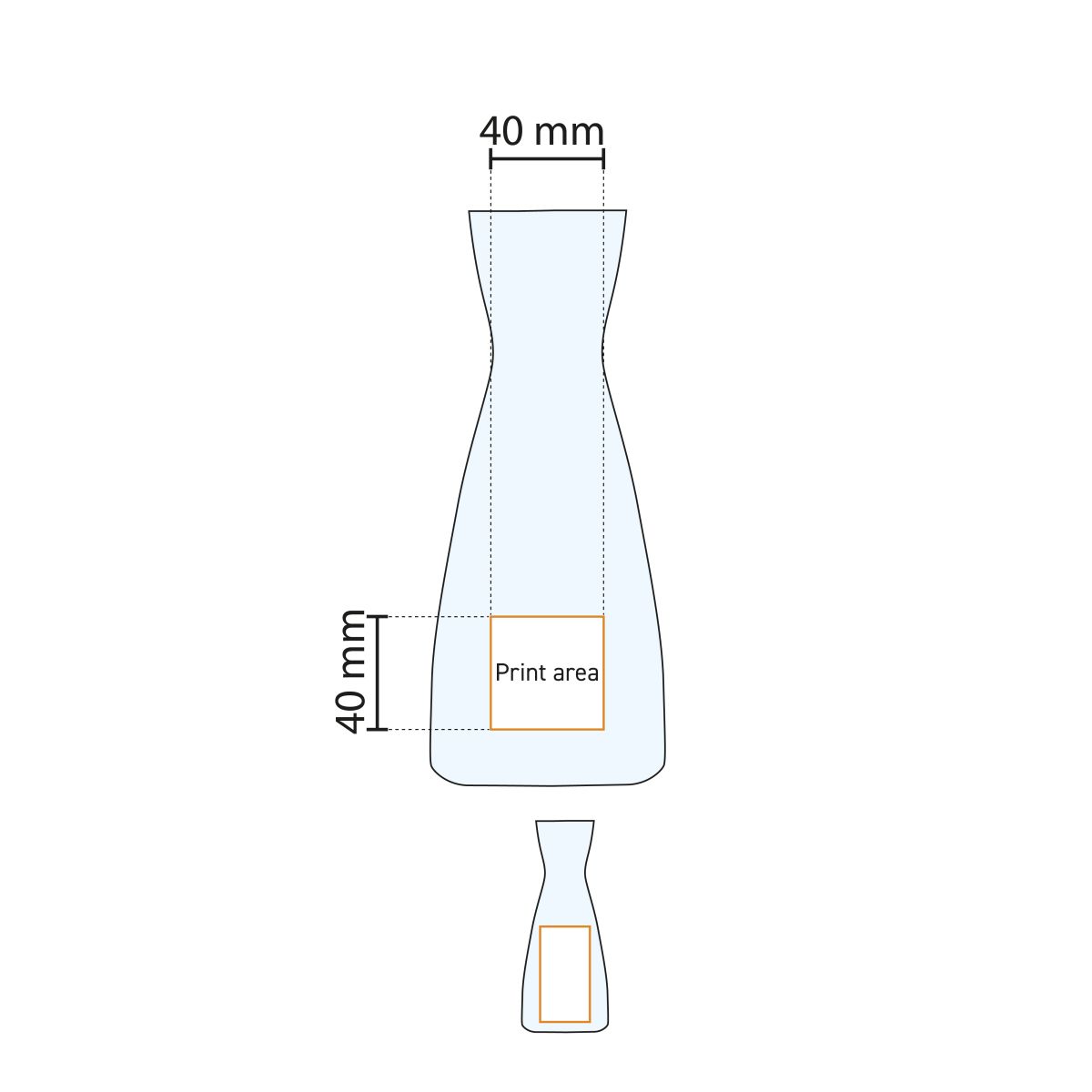 Technical working drawing indicates pressure area on glass decanter Ypsilon 1 litre.