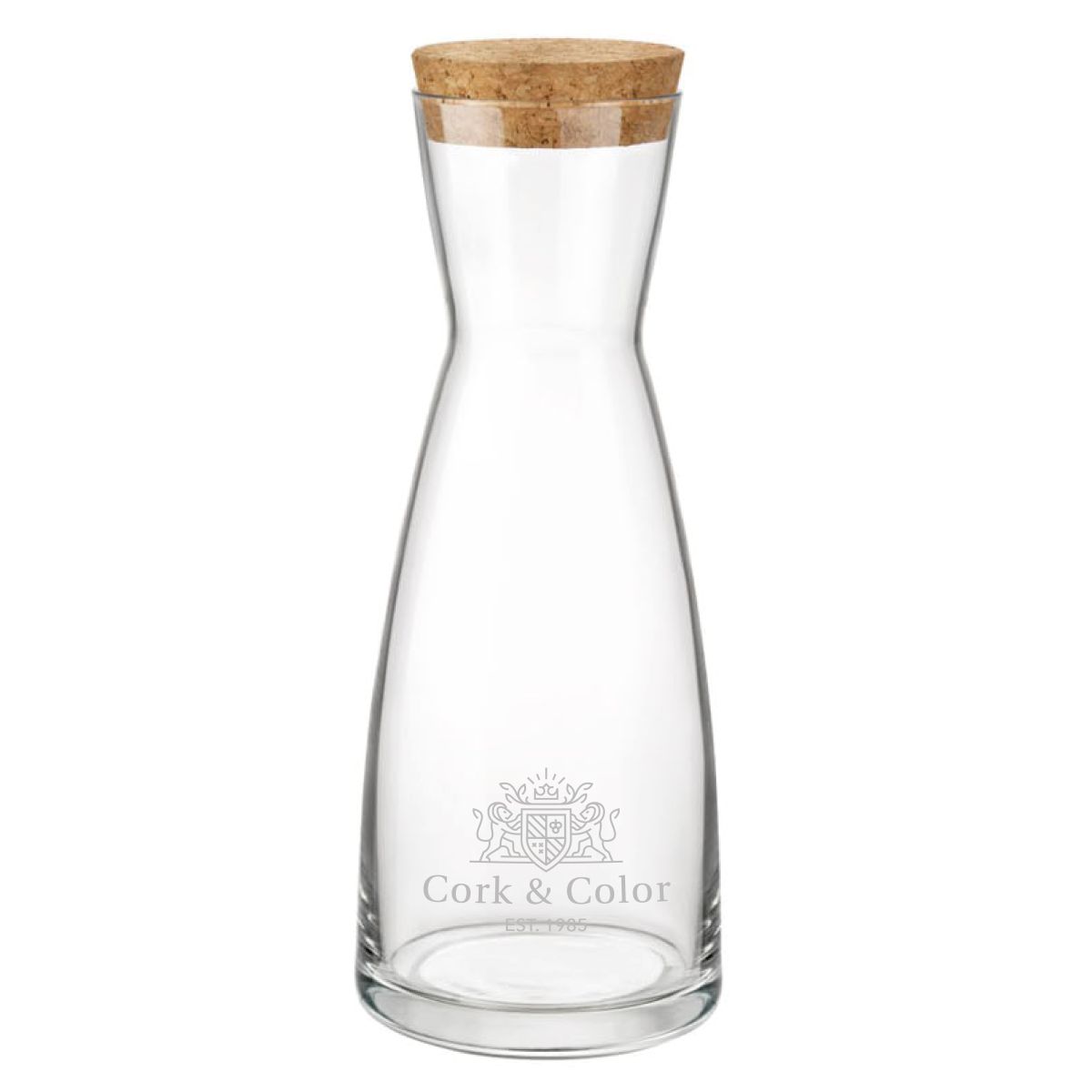 Engraving of the CorkColor logo on the front view of decanter Ypsilon 1 litre with cork.