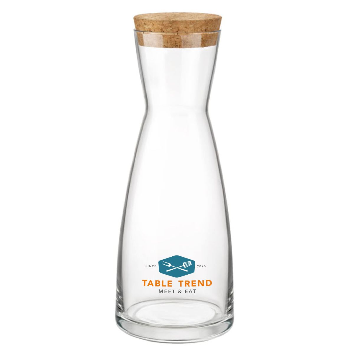 Ypsilon carafe 1 litre with multicoloured printed TableTrend logo on the front of the glass.