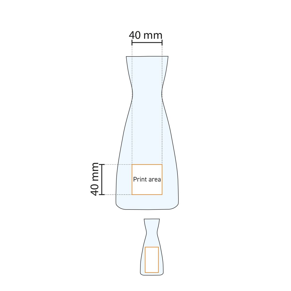 Printing area display of Carafe Ypsilon 1 litre glass with marked logo surface.